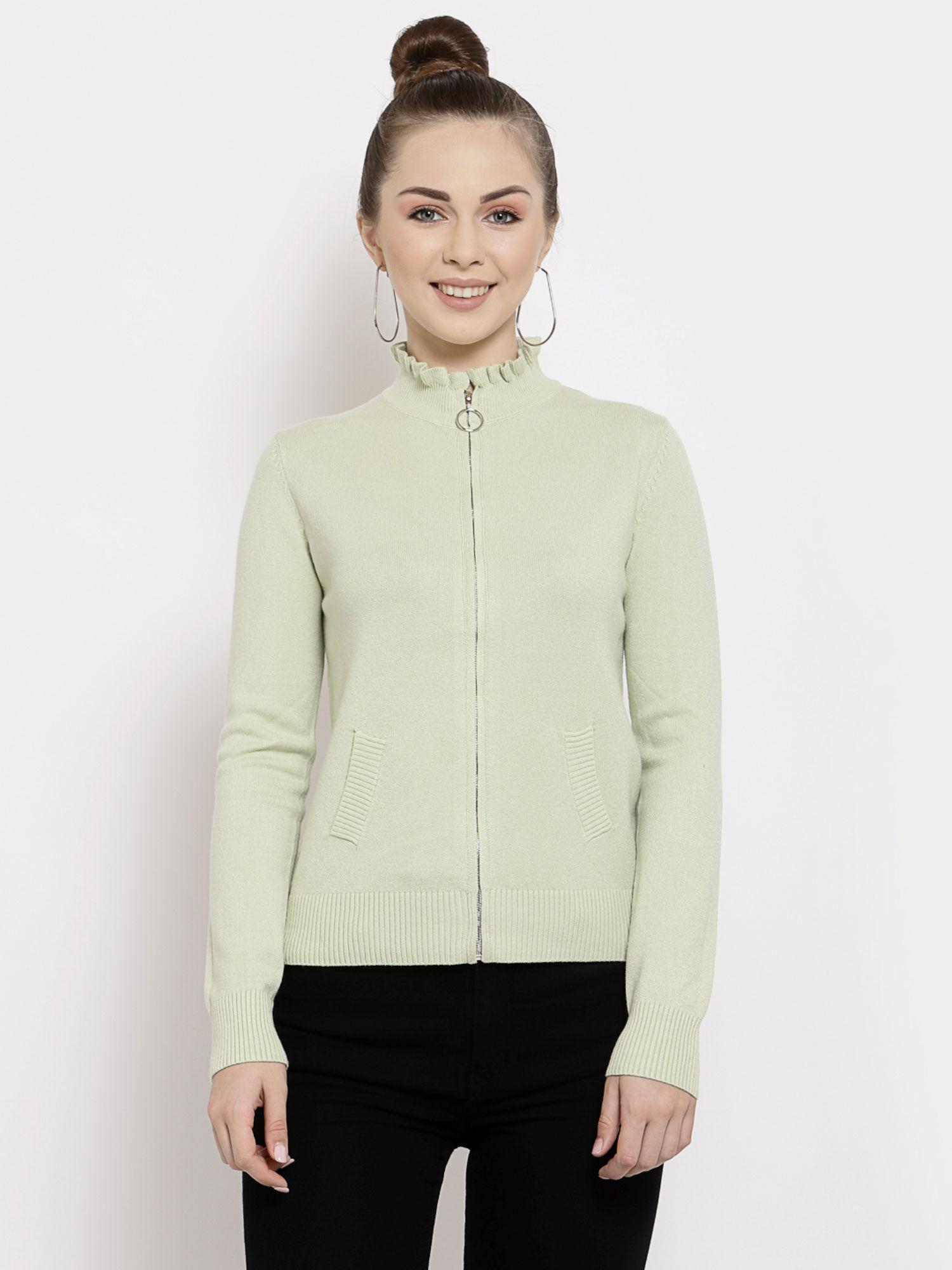 women green solid mock collar viscose cardigan