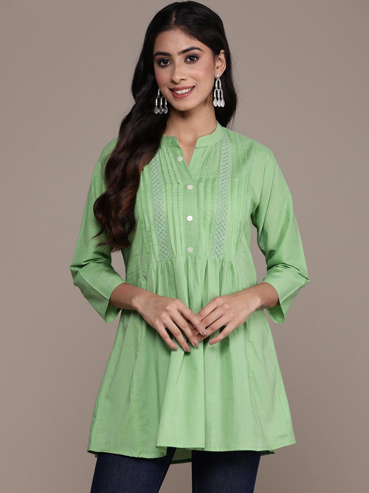 women green solid pintuck straight pure cotton kurti