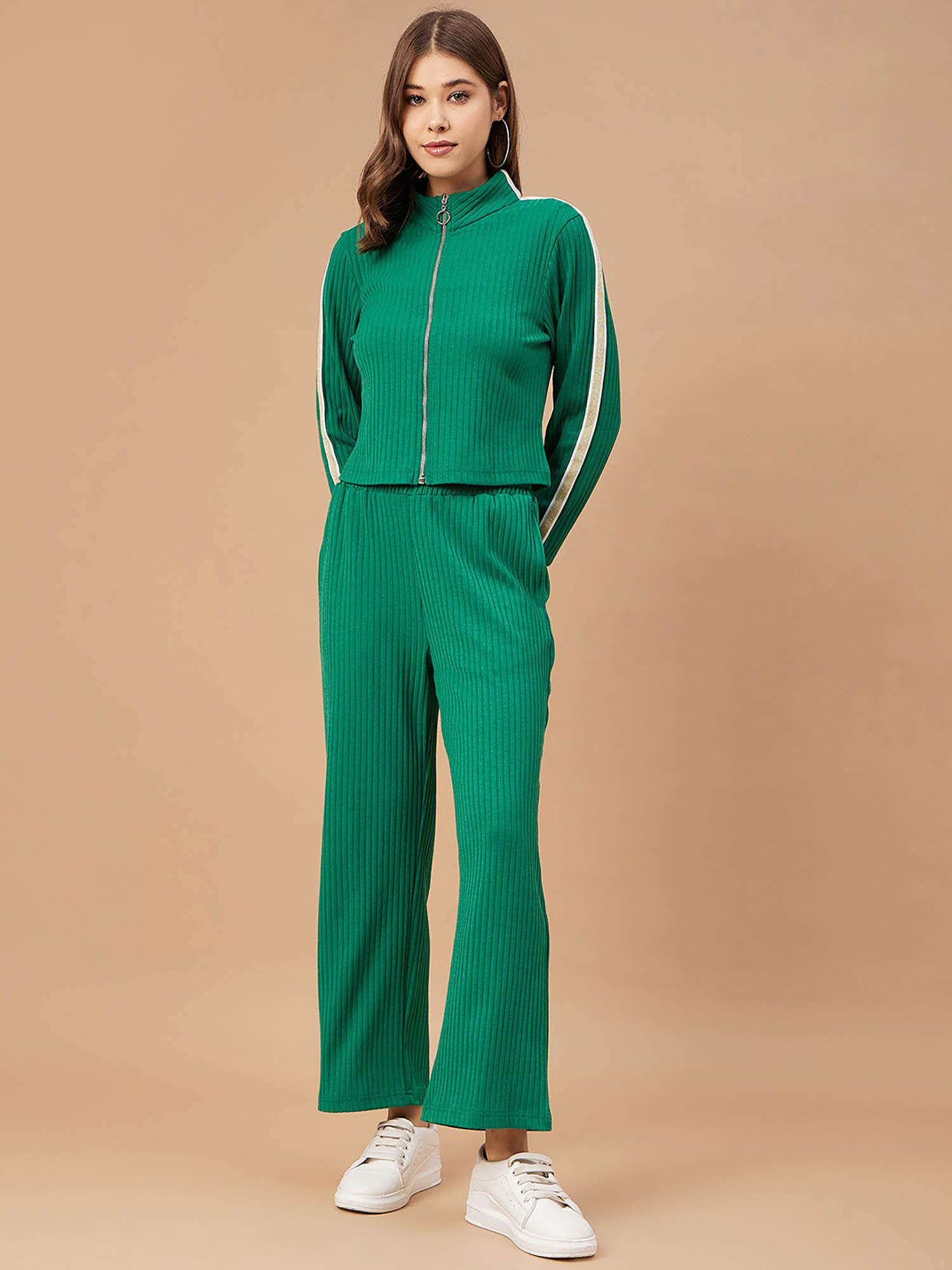women green solid poly knit regular sleeve mandarin collar co-ord (set of 2)