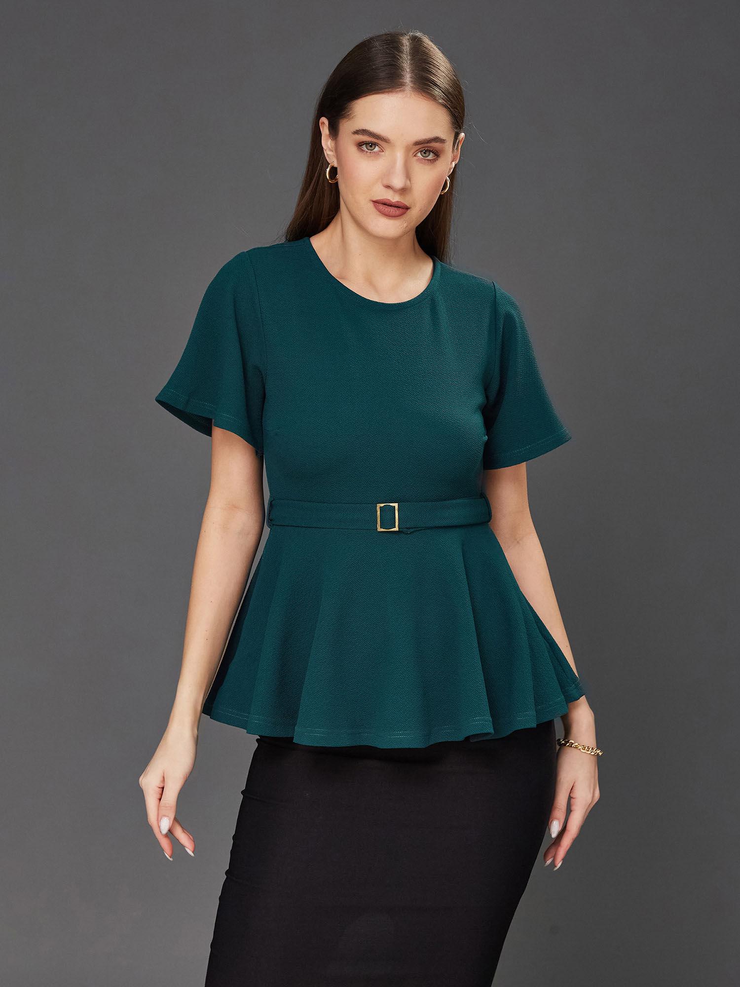 women green solid polyester slim fit round neck regular-length top