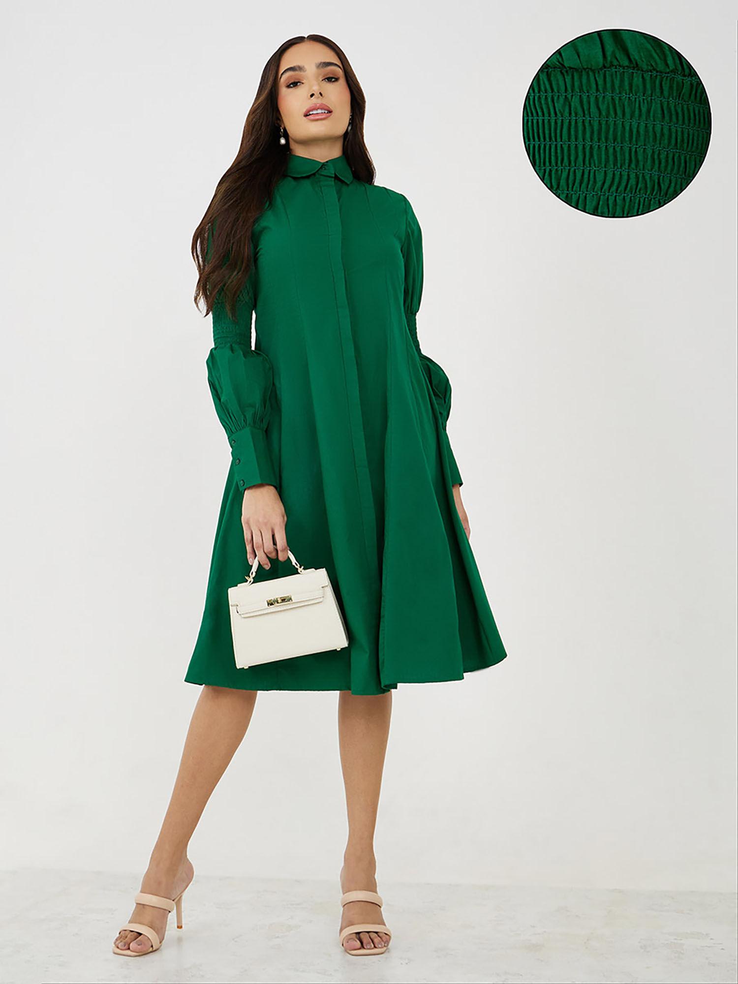 women green solid shirt midi dress with long sleeve