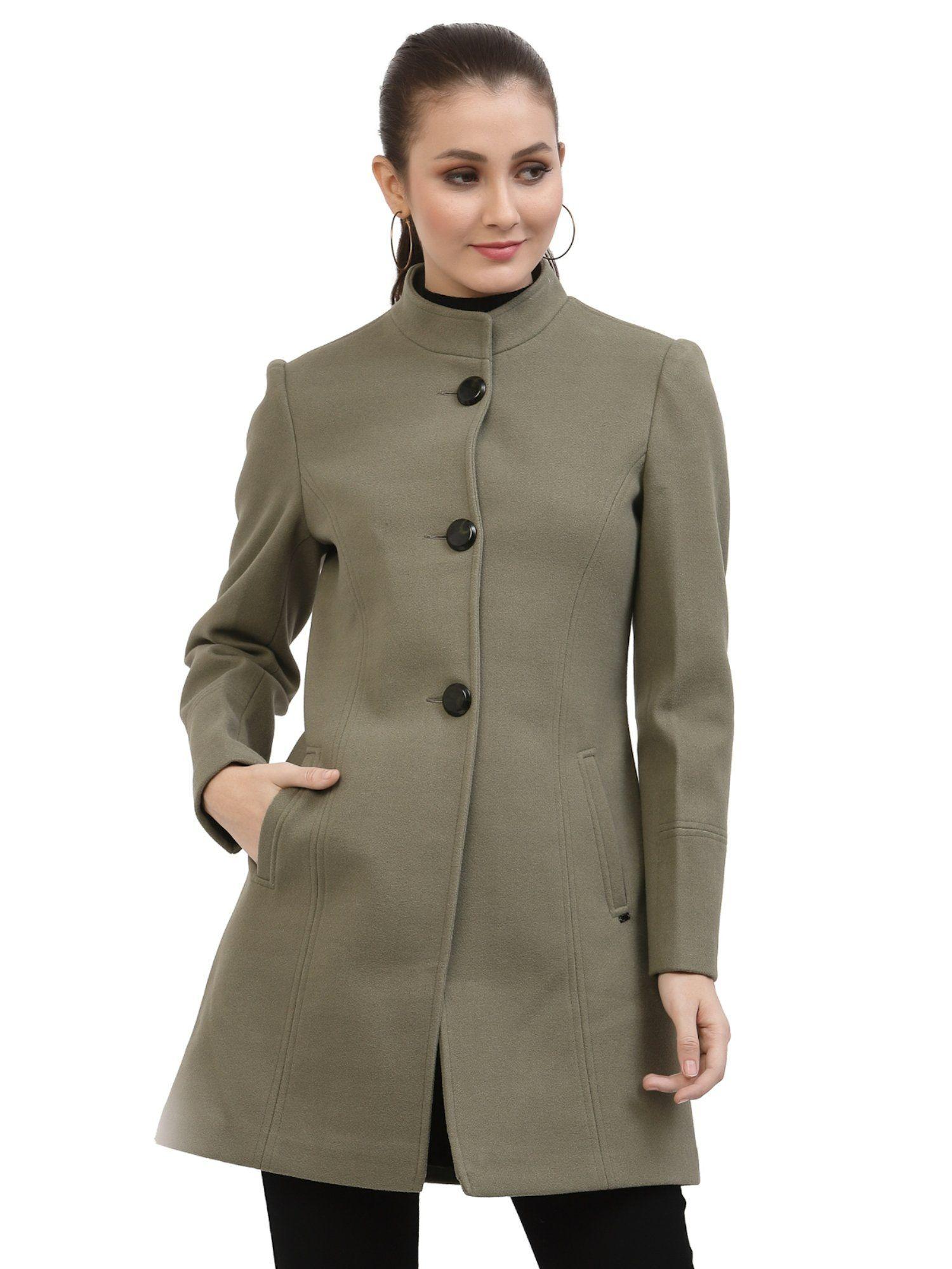 women green solid stand collar full sleeves longline coats