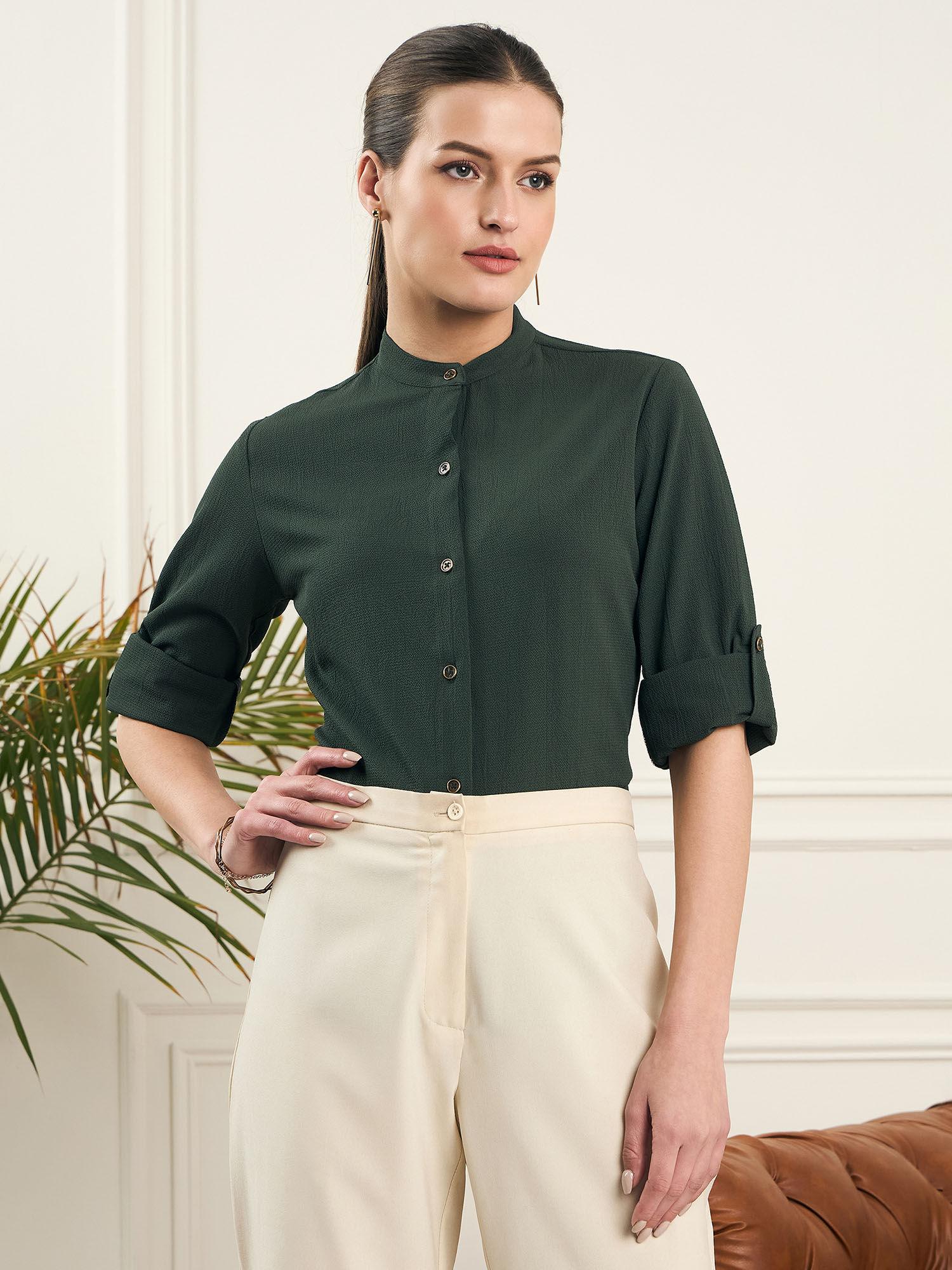 women green solid textured shirt