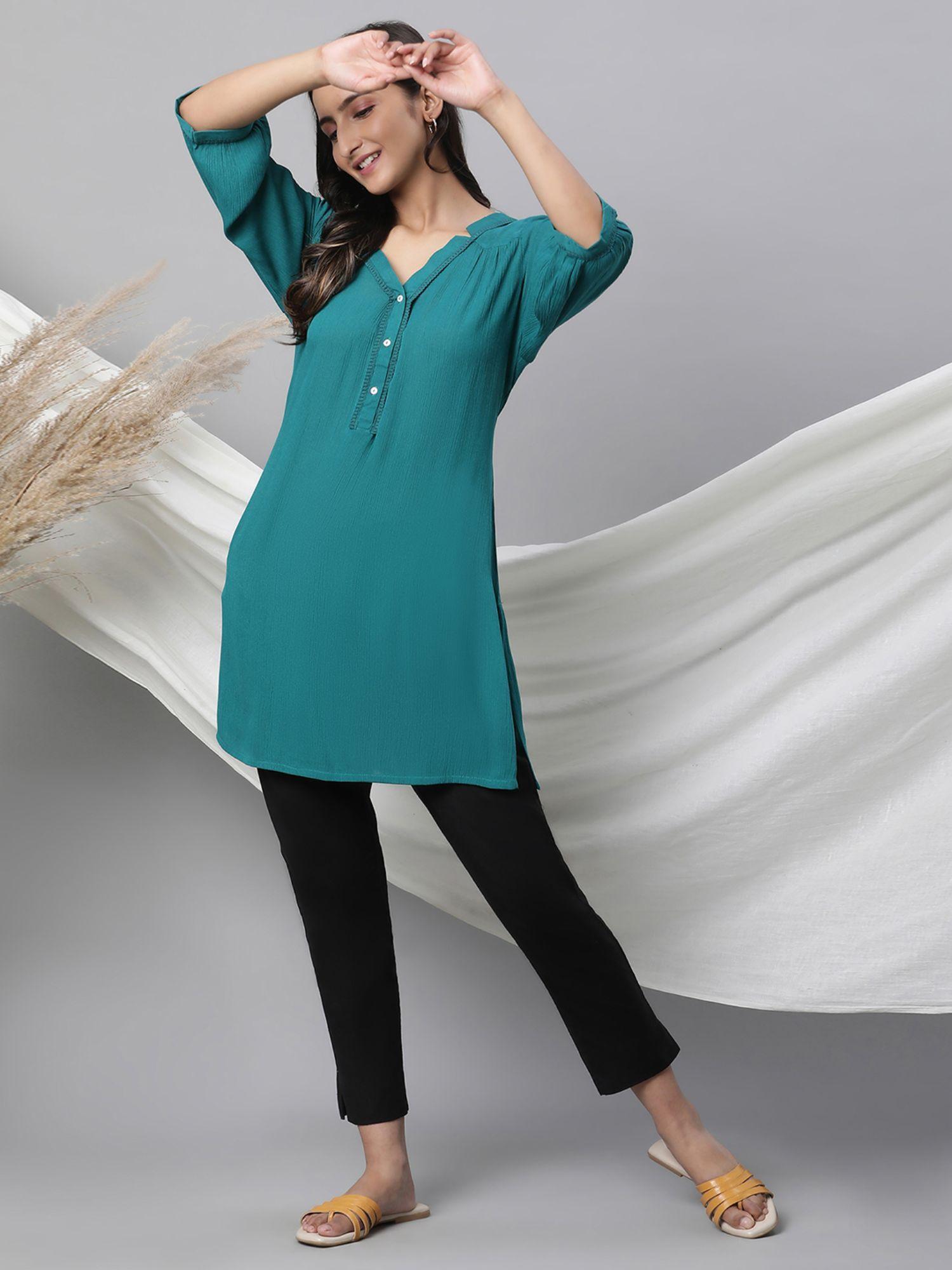 women green solid three fourth sleeves v-neck kurti