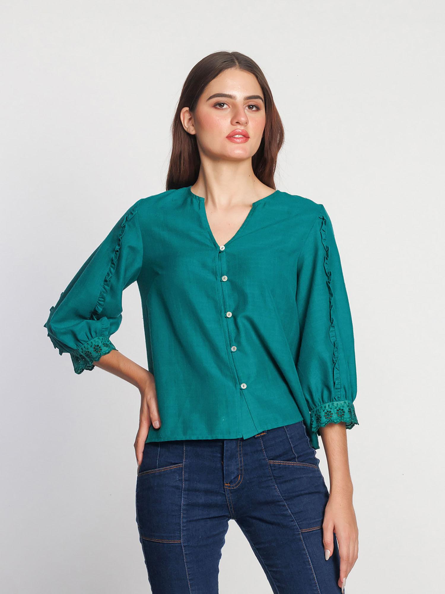 women green solid three fourth sleeves v-neck top