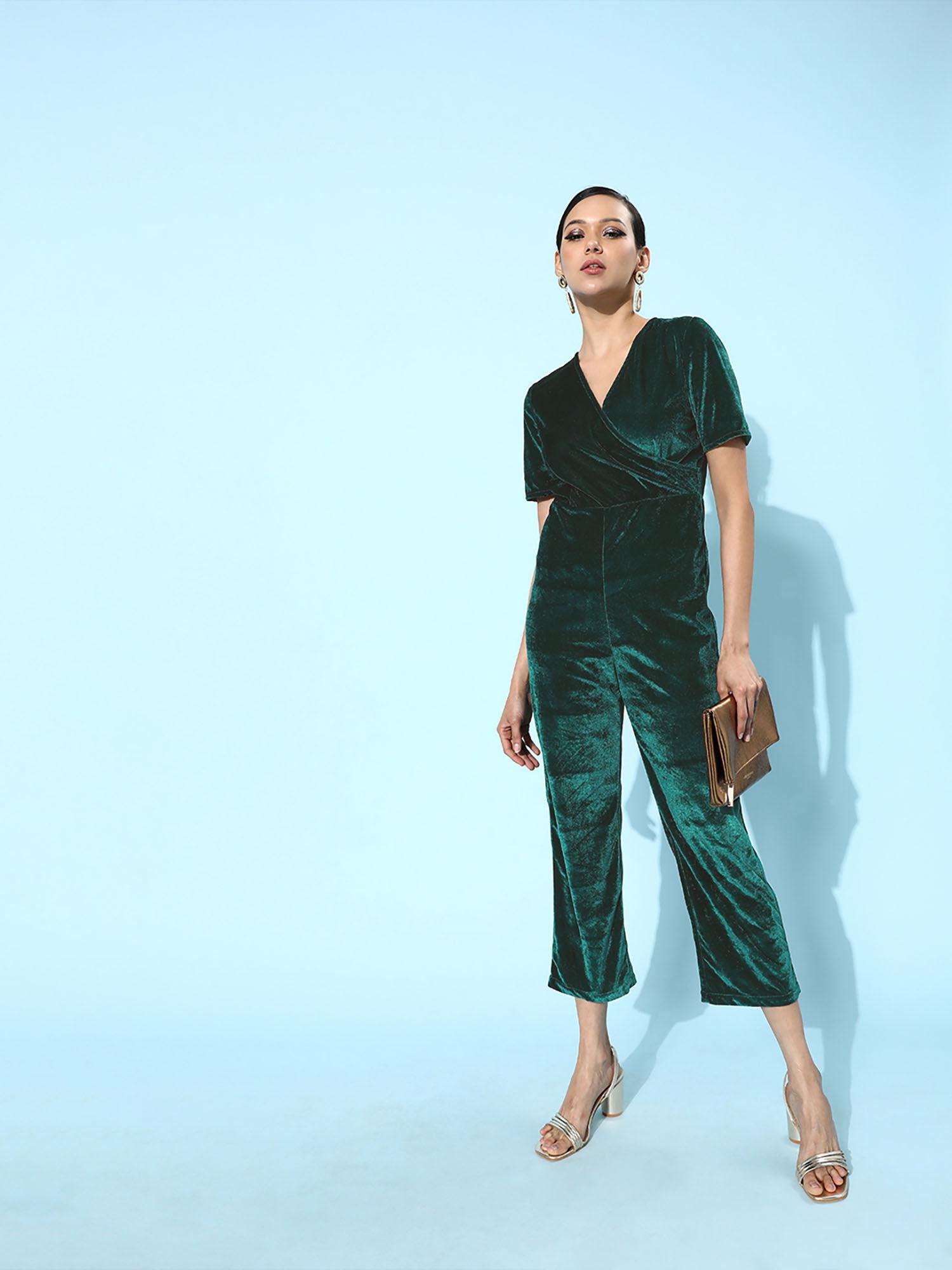 women green solid velvet jumpsuit