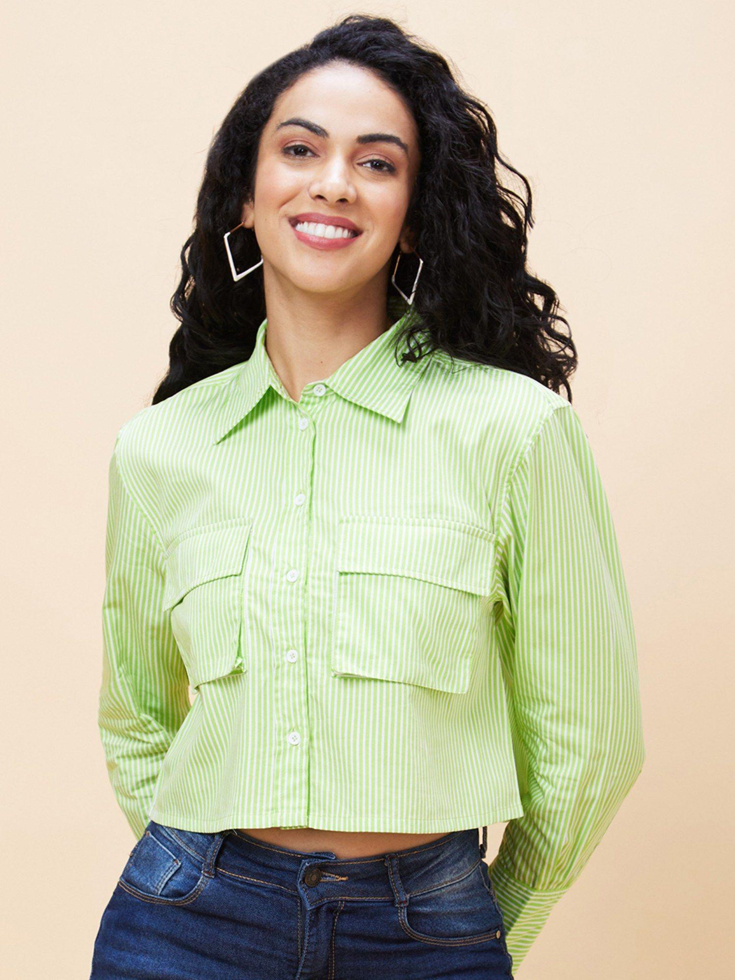 women green striped casual shirt style crop top