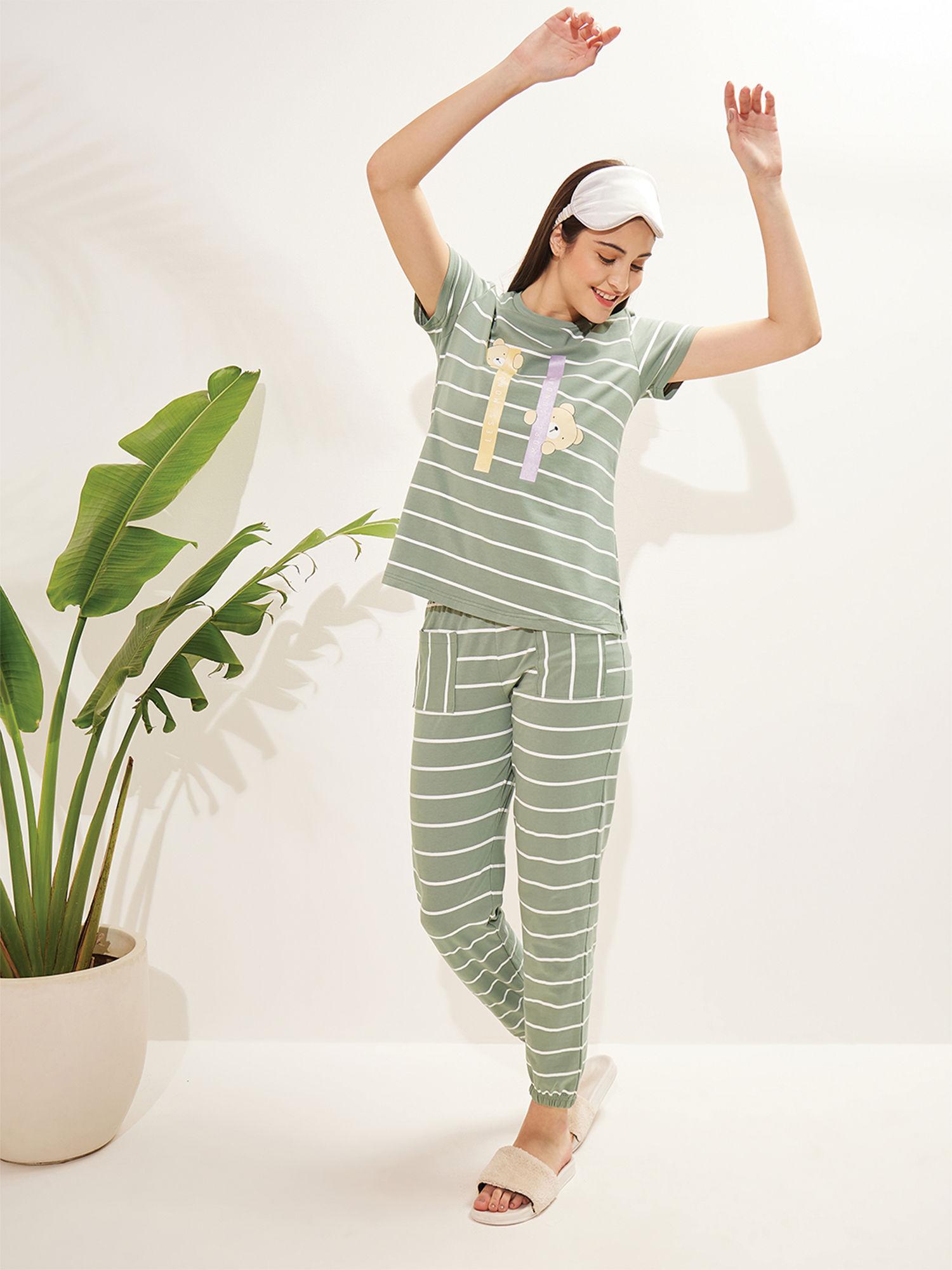 women green stripes half sleeves t-shirt and pajama (set of 2)