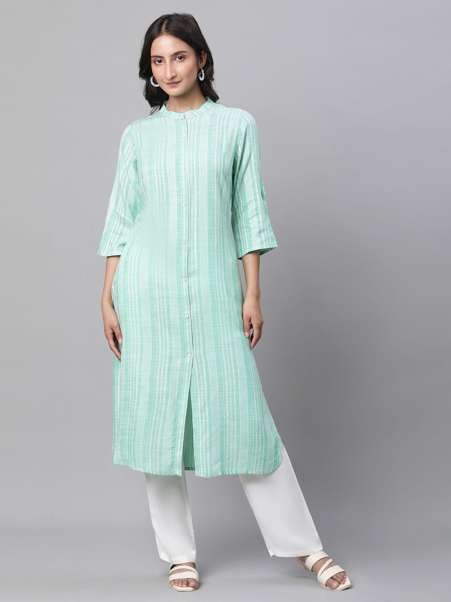 women green stripes three fourth sleeves mandarin neck kurta