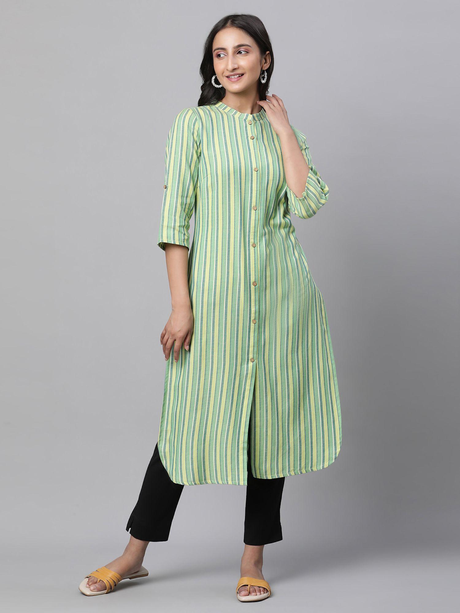 women green stripes three fourth sleeves mandarin neck kurta