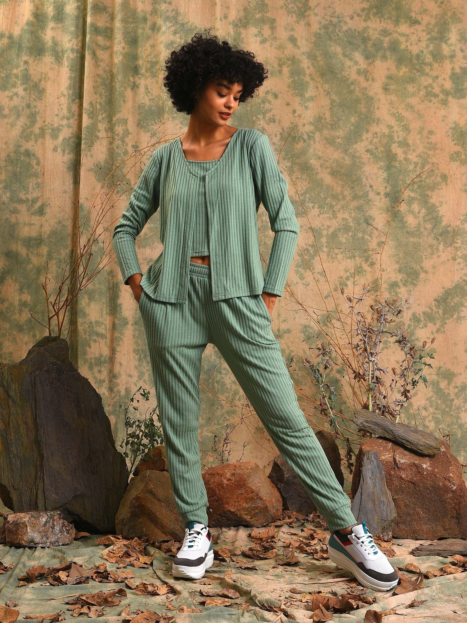 women green stylish casual co-ord (set of 3)