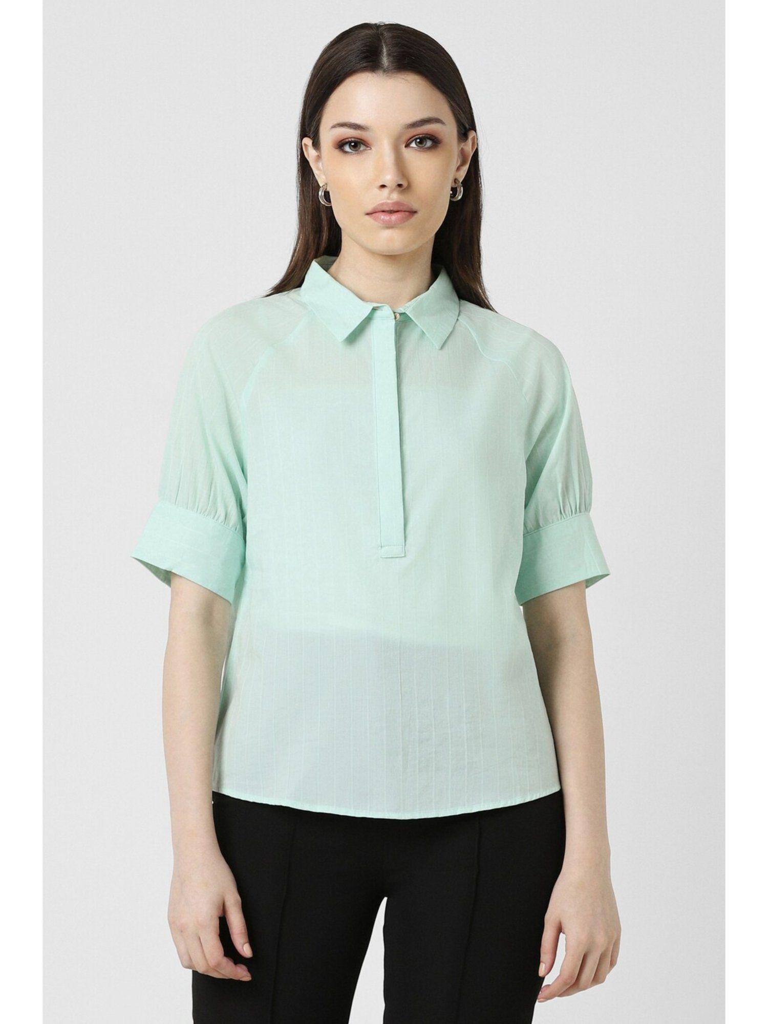 women green textured short sleeves formal shirt