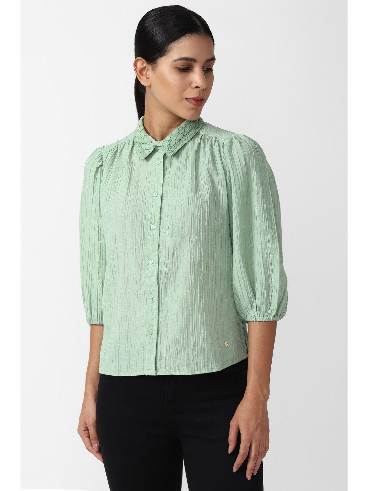 women green textured three fourth sleeves casual shirt