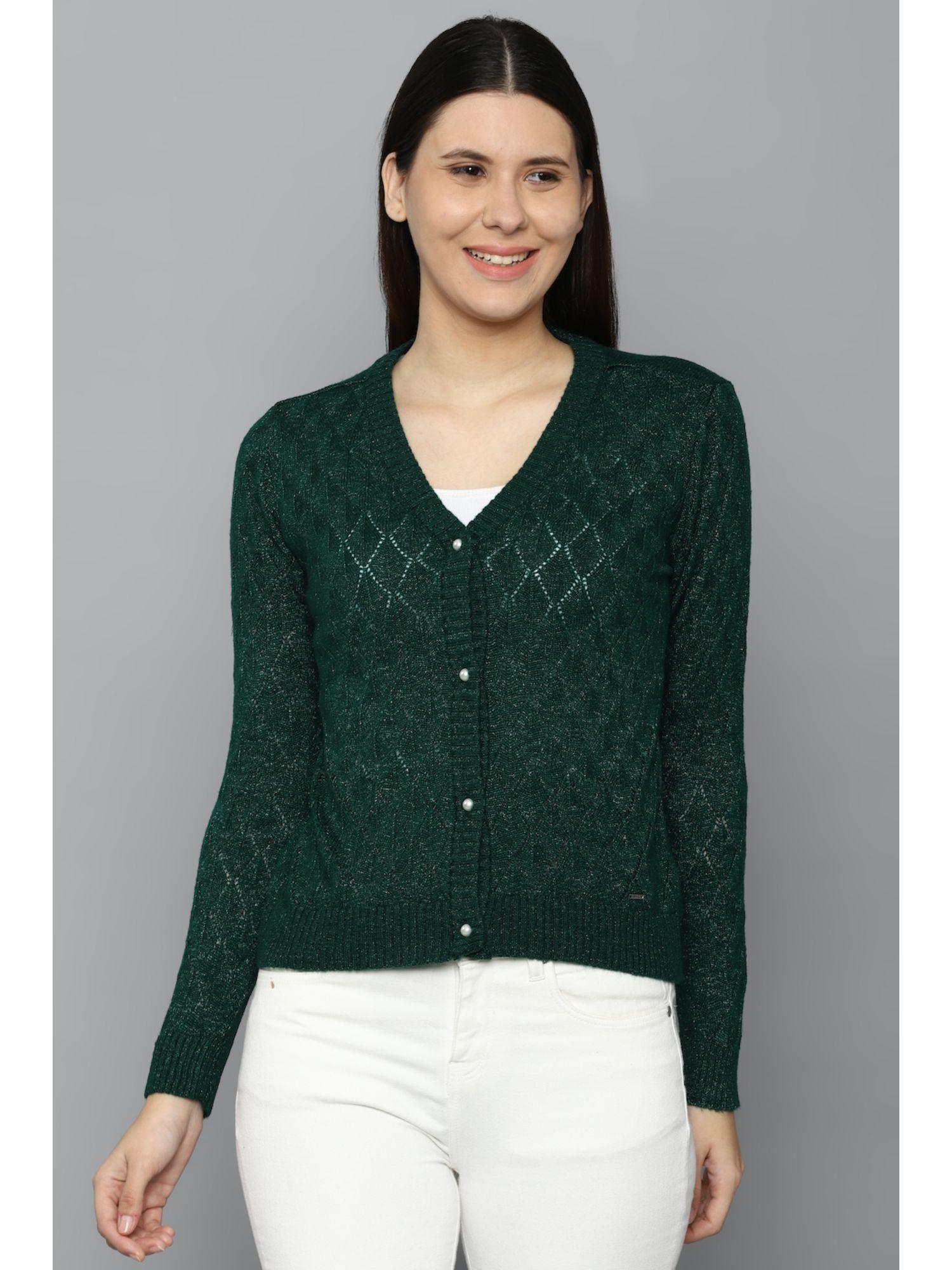 women green textured v neck casual sweater
