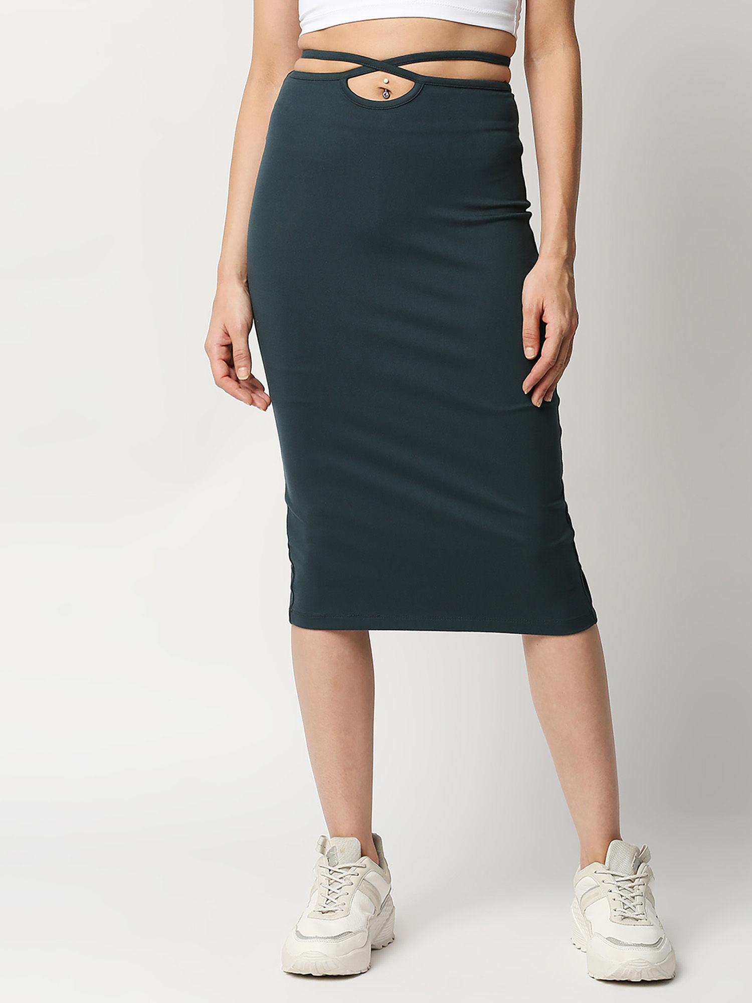 women green tie-up slim fit stretchable pencil skirt