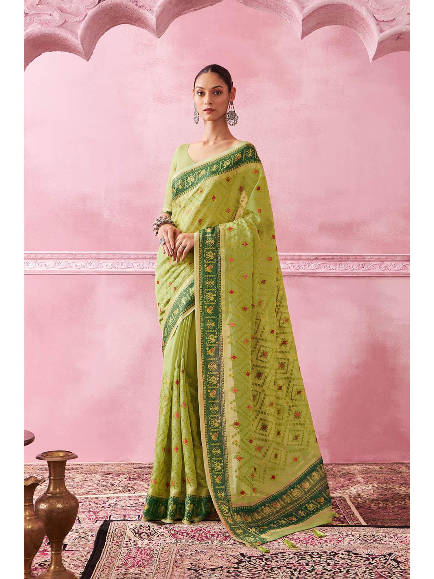 women green tissue embroidered saree with unstitched blouse