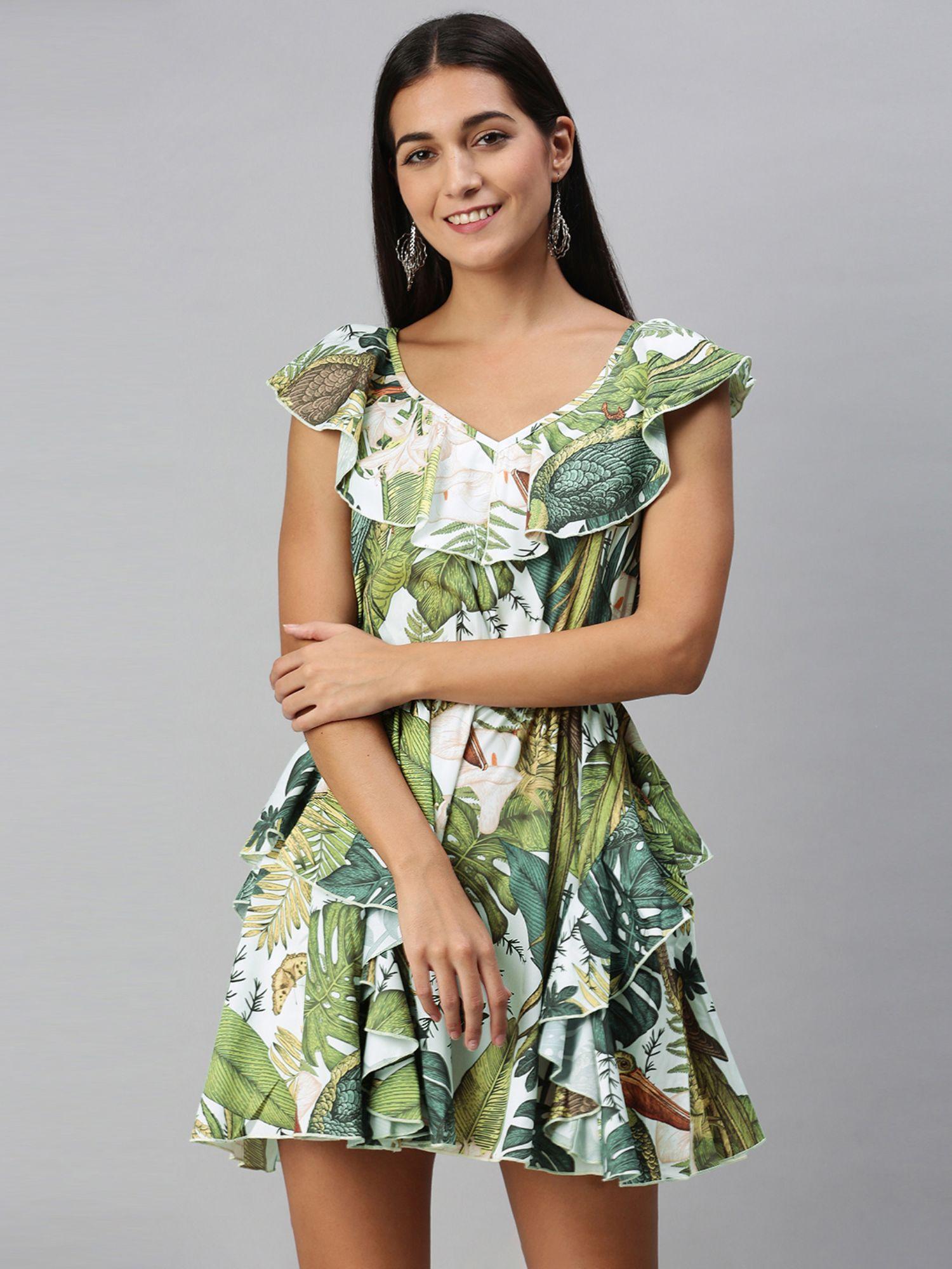 women green tropical printed with ruffles jumpsuit