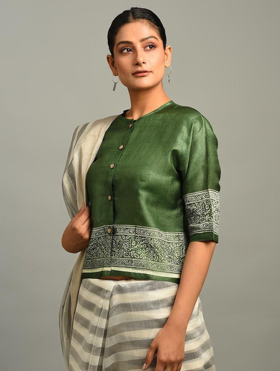 women green tussar block print saree blouses