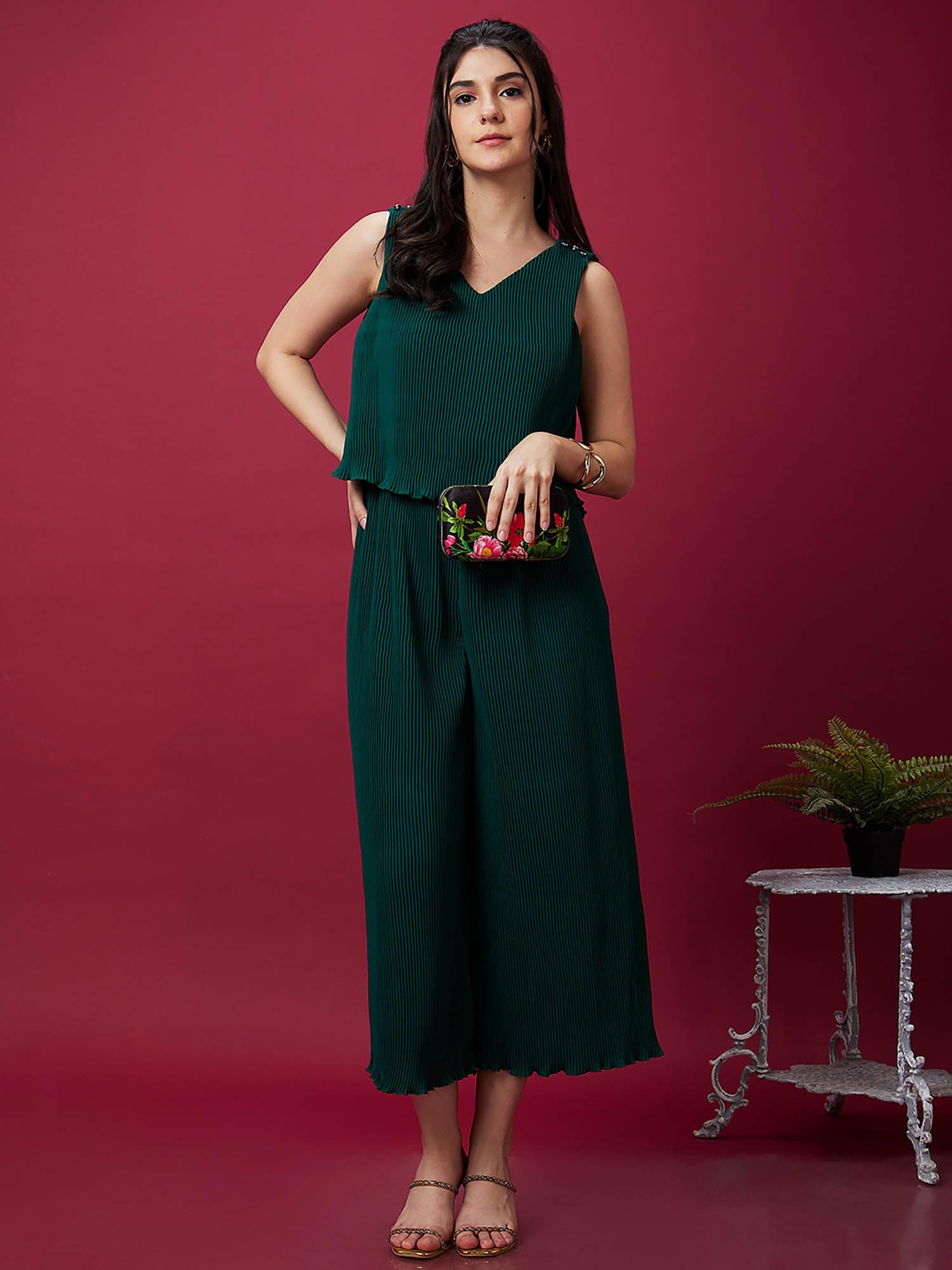 women green v-neck accordion pleats party jumpsuit