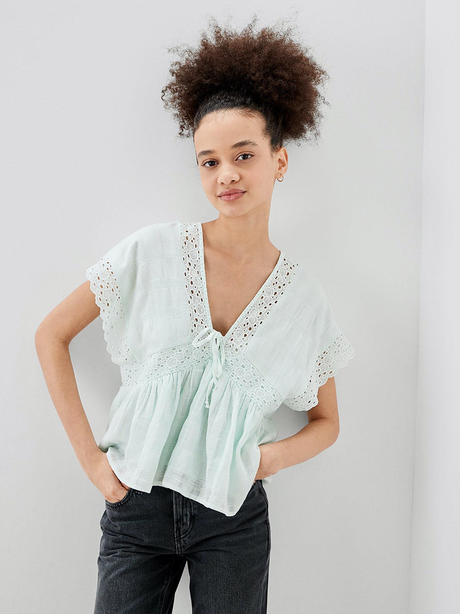 women green v-neck babydoll blouse