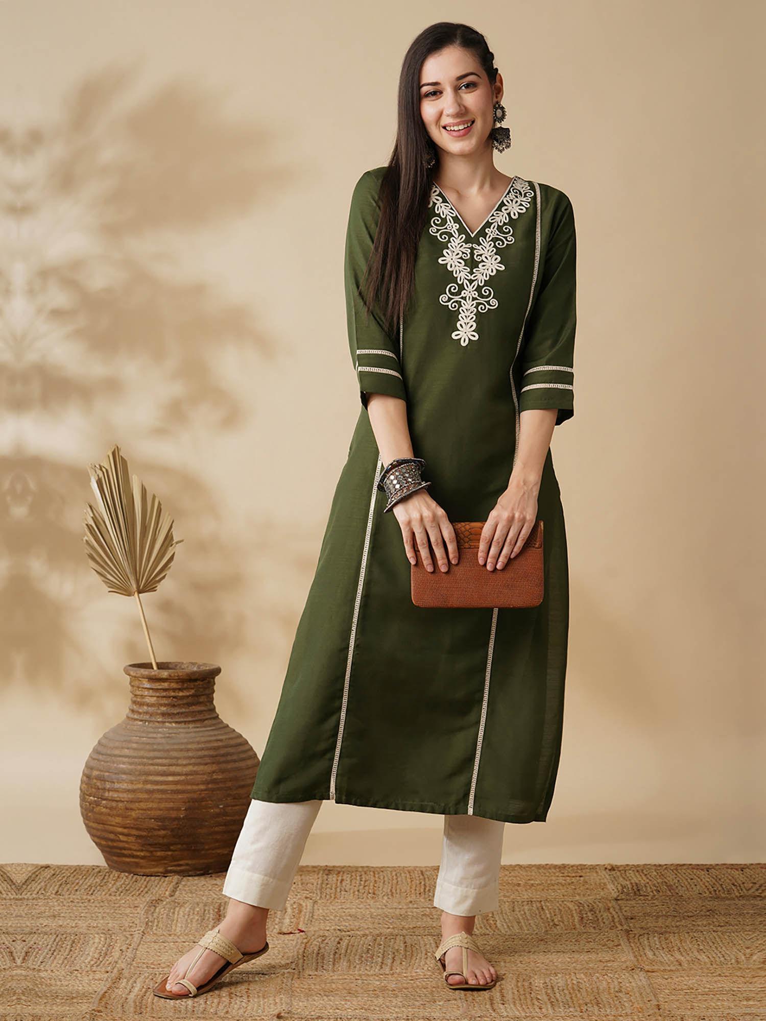 women green v-neck embroidered yoke panelled lace insert straight workwear kurta