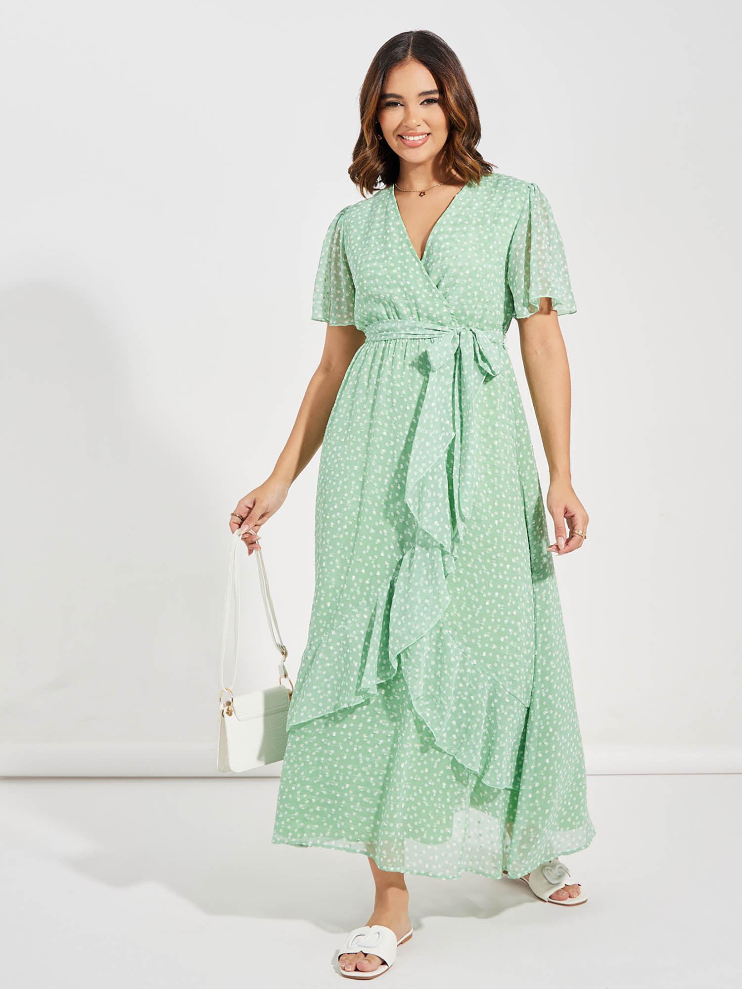 women green v-neck polka dot printed wrap maxi dress with belt (set of 2)