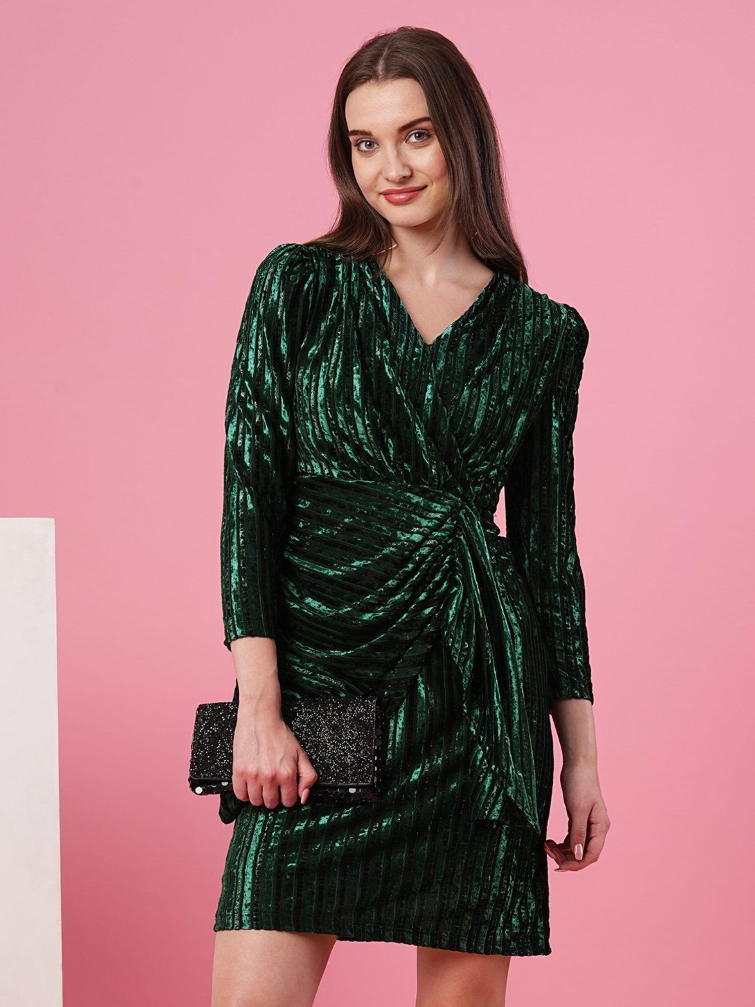 women green v-neck puff sleeve gathered velvet striped wrap party dress