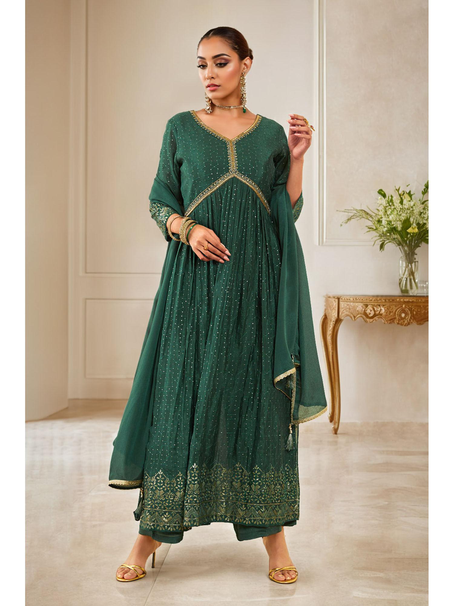 women green viscose embroidered anarkali kurta with palazzo & dupatta (set of 3)