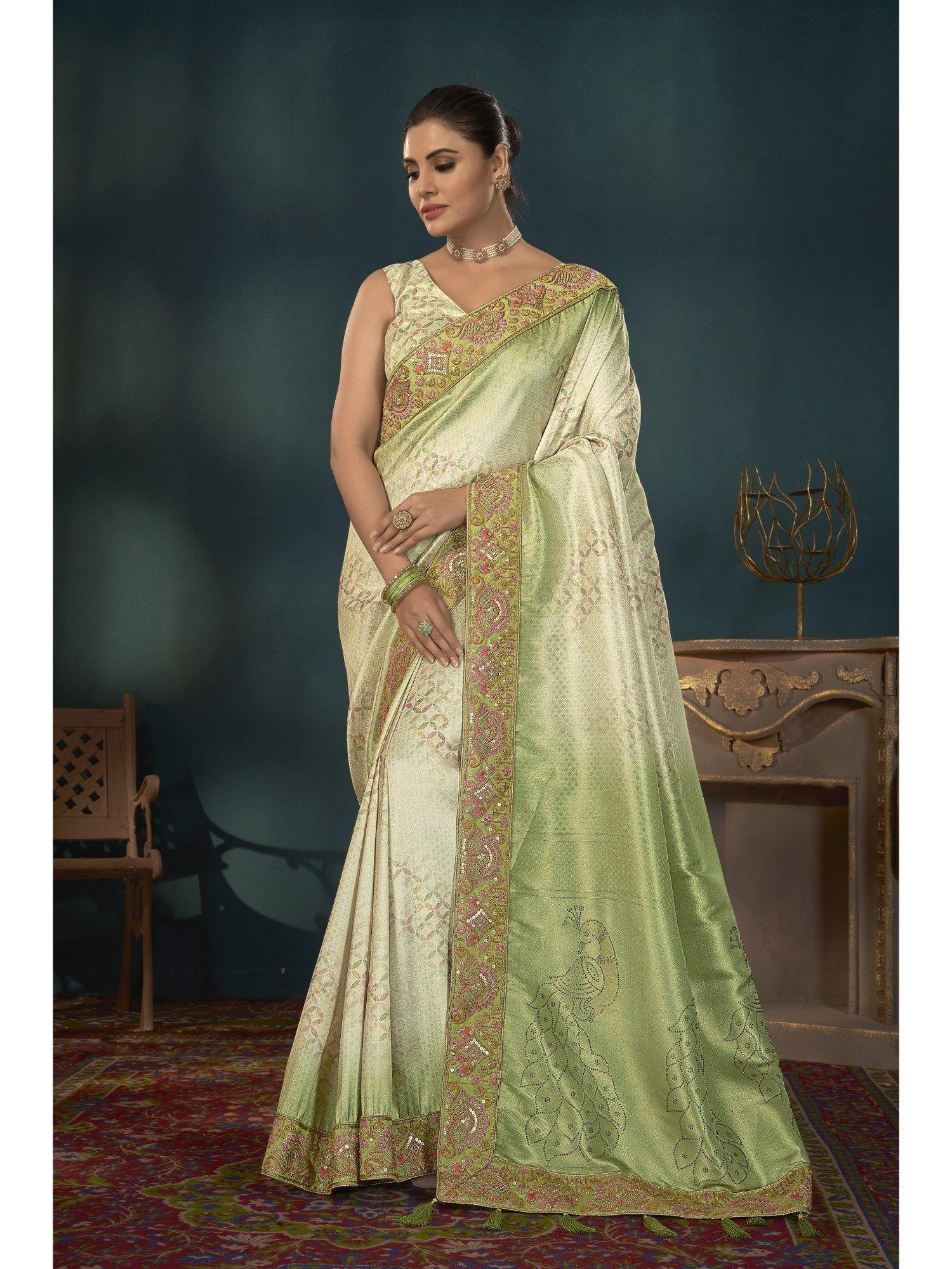 women green woven embellished work banarasi saree with unstitched blouse