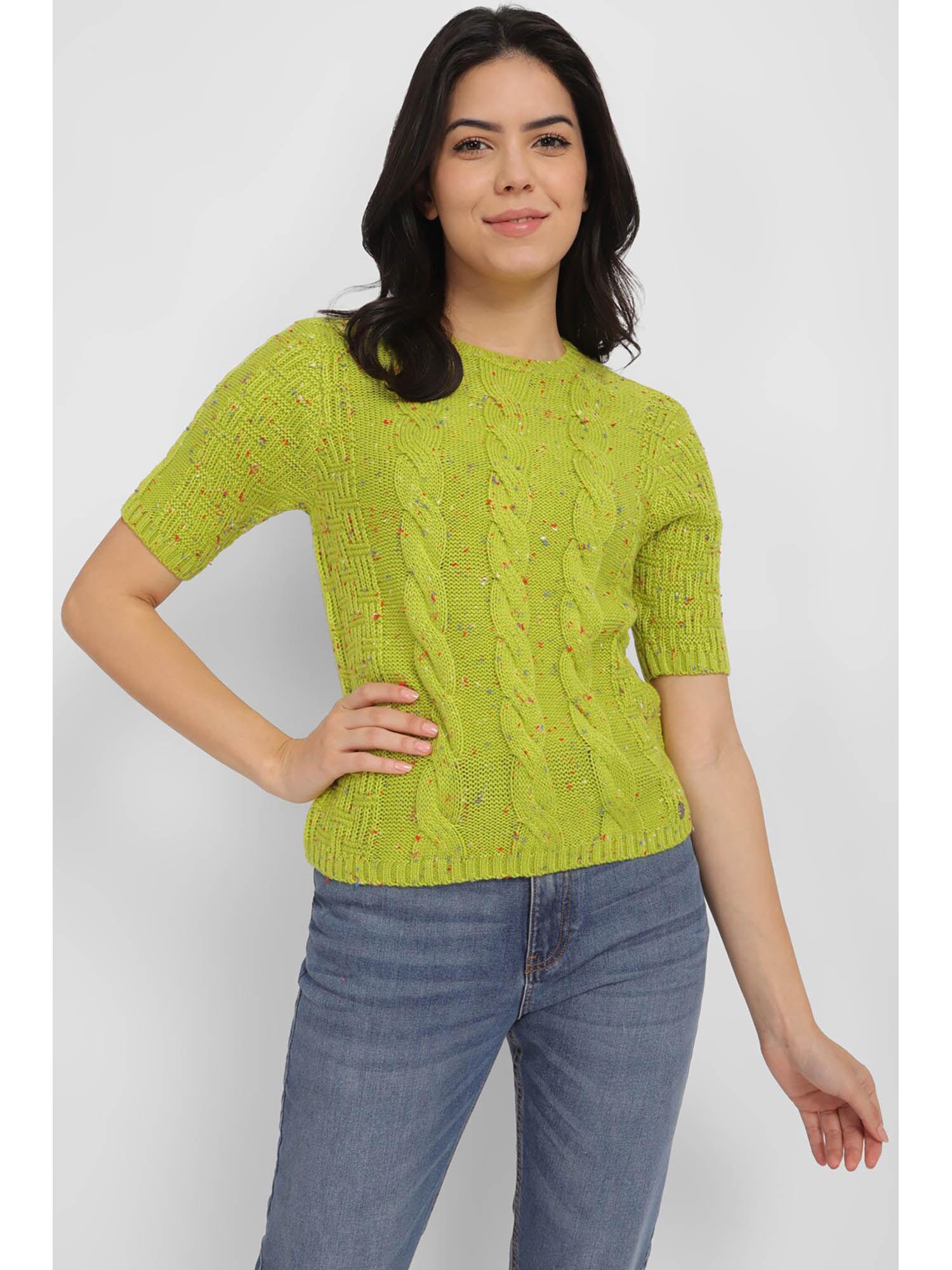 women green woven round neck casual sweater