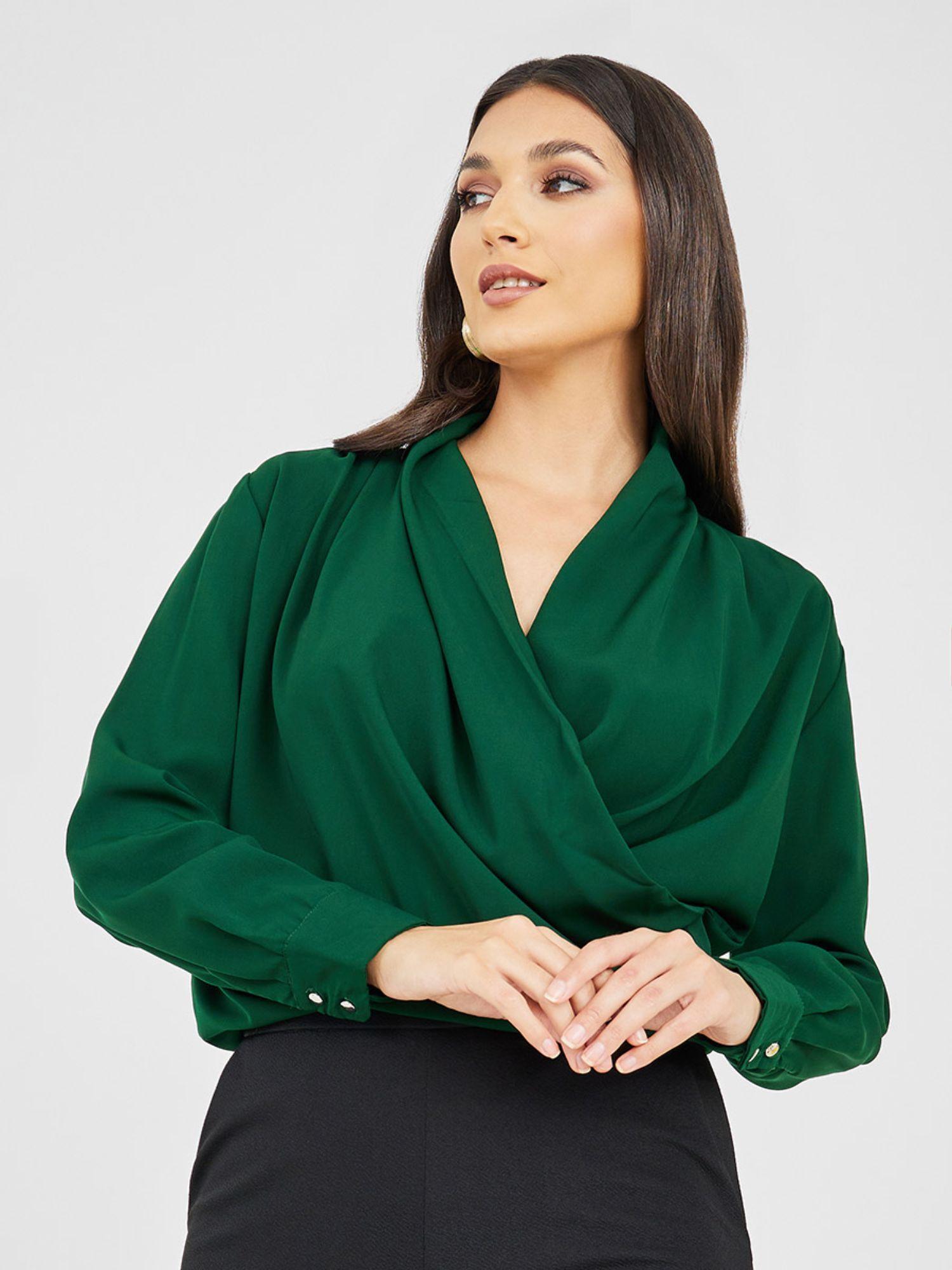 women green wrap front blouse with button cuff