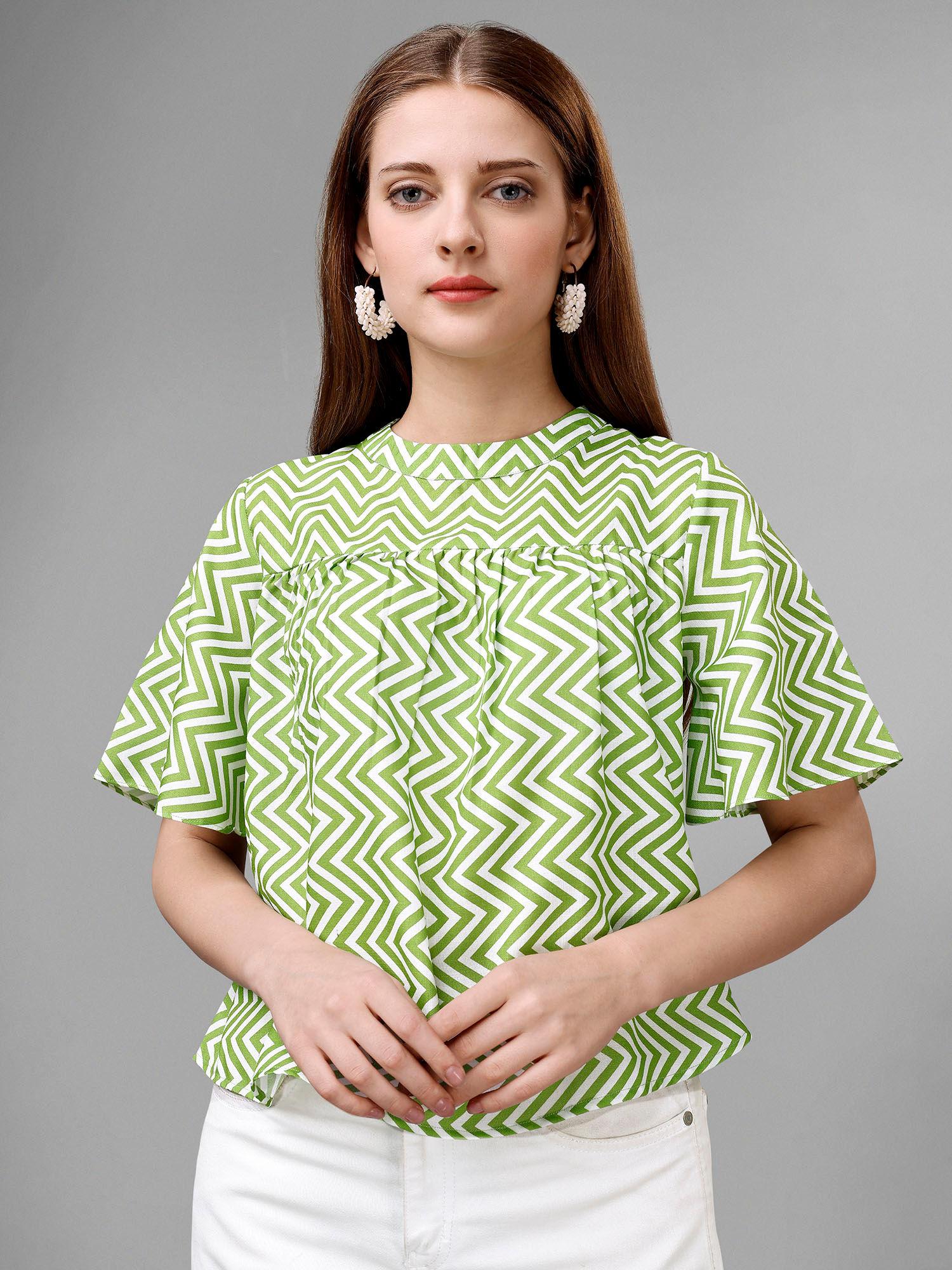 women green zigzag printed cotton blend top