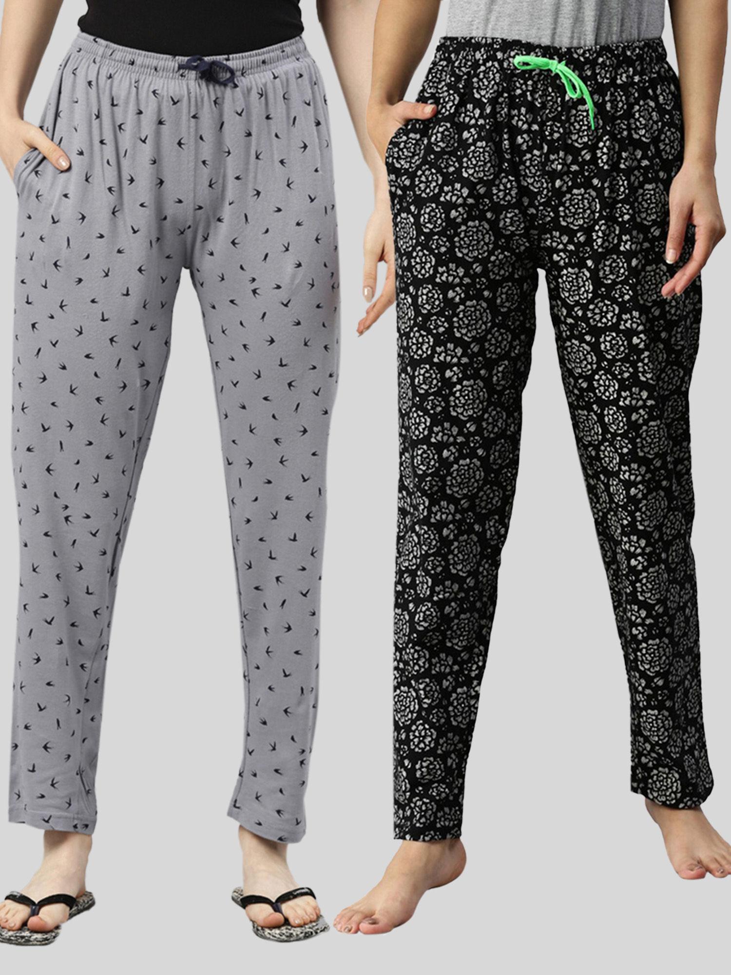 women grey & black printed pure cotton lounge pants (pack of 2)