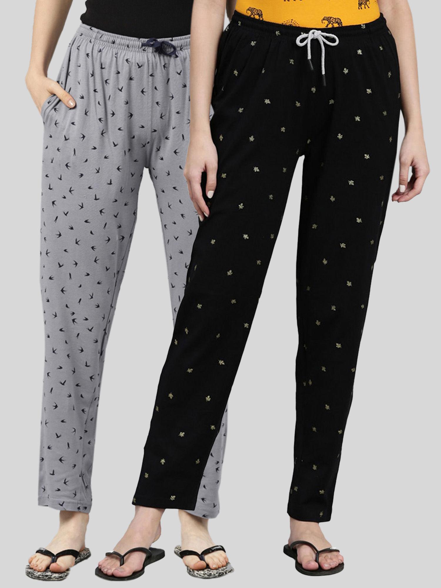 women grey & black printed pure cotton lounge pants (pack of 2)