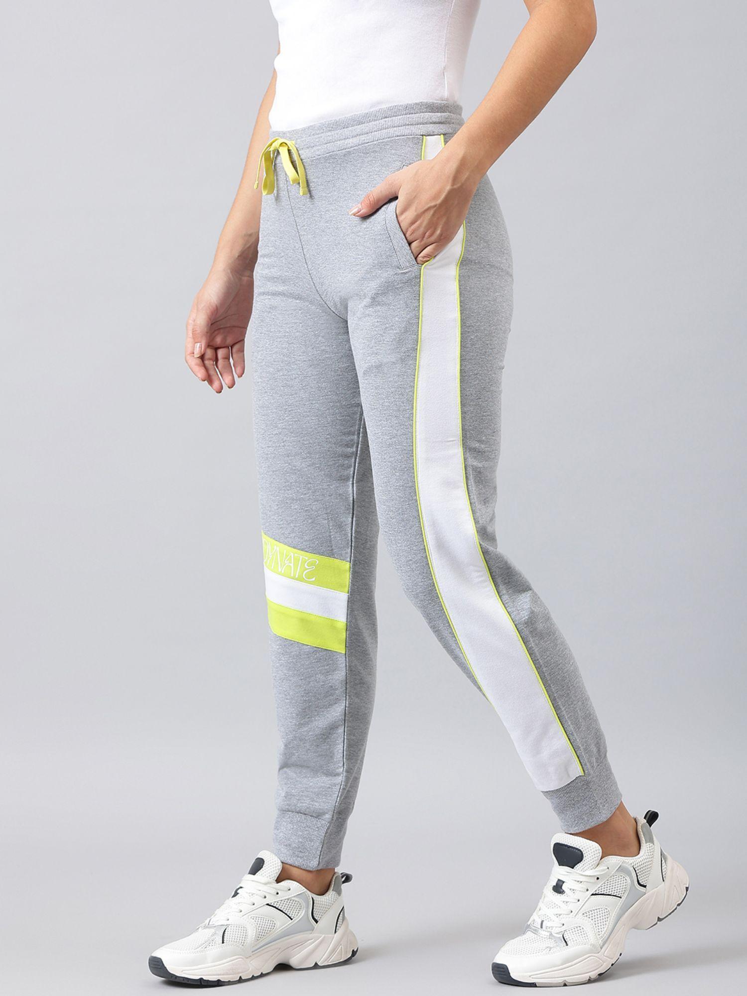 women grey & lime green colour blocked cotton joggers