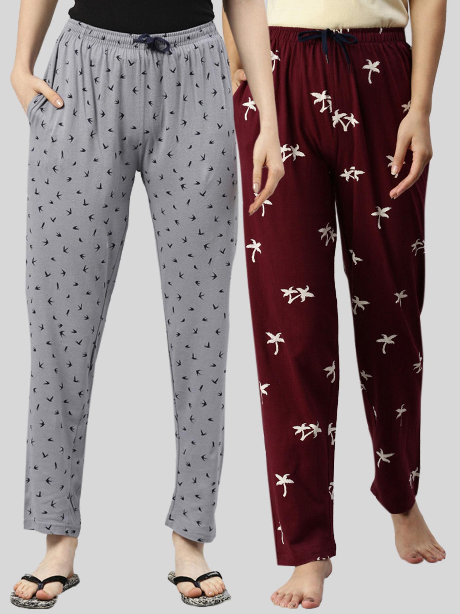 women grey & maroon printed pure cotton lounge pants (pack of 2)