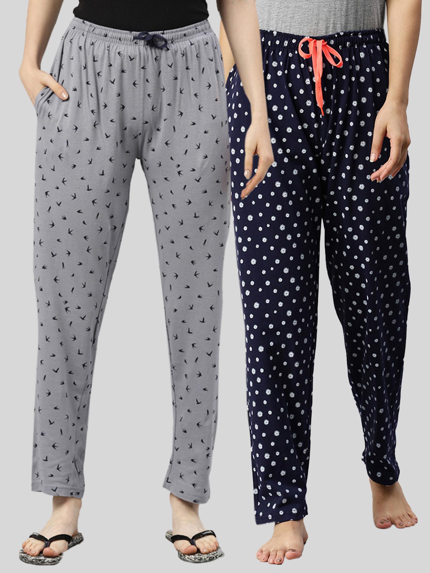 women grey & navy printed pure cotton lounge pants (pack of 2)