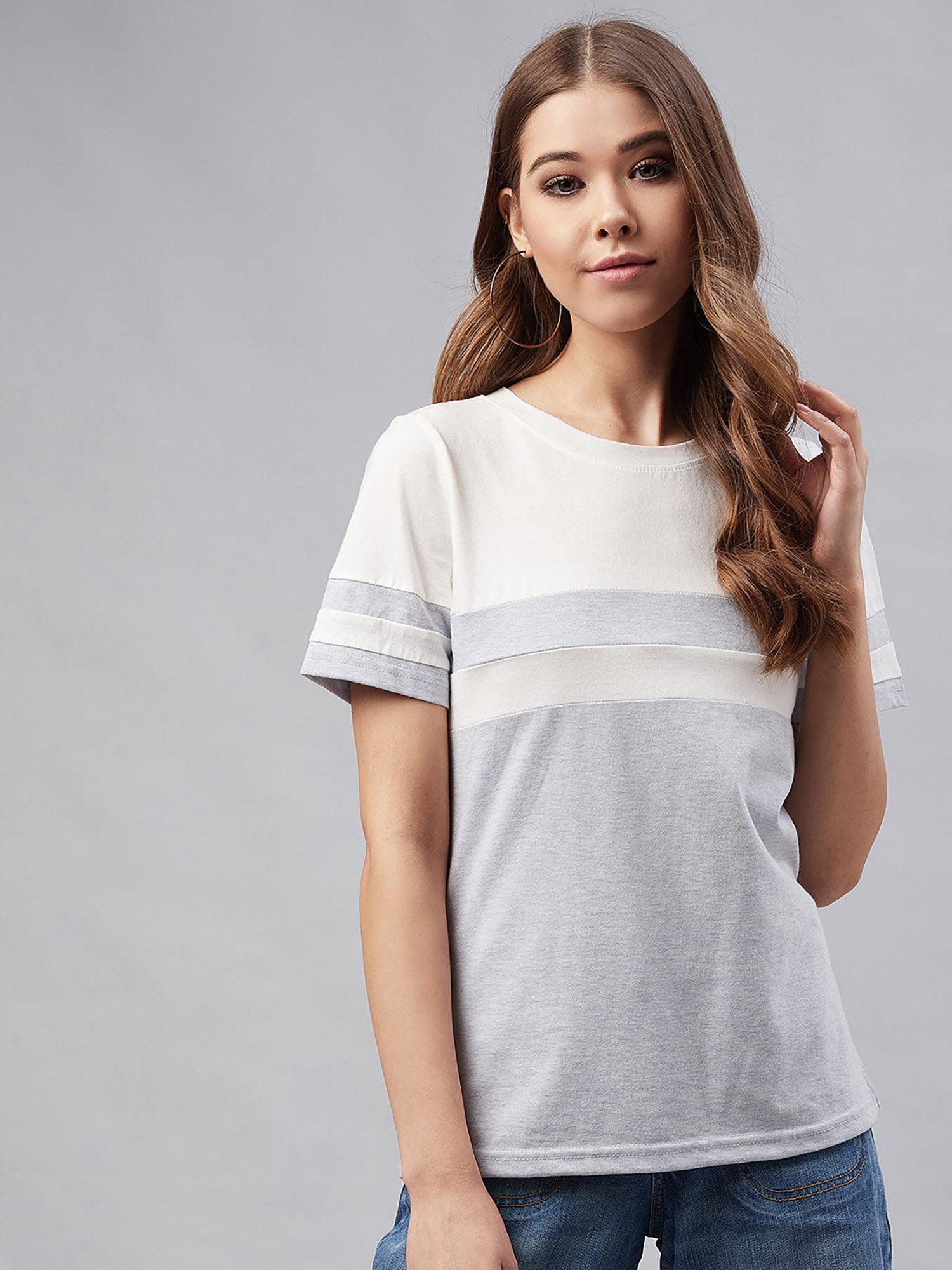 women grey & white colour blocked round neck t-shirt