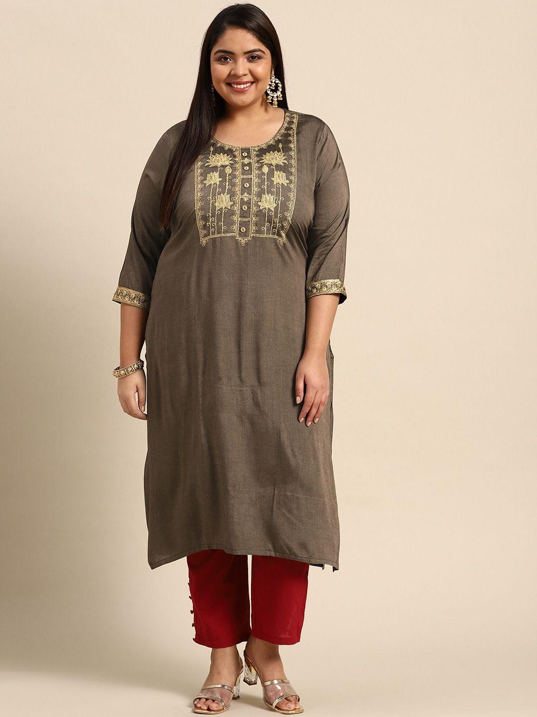 women grey & zari embroidery straight kurta