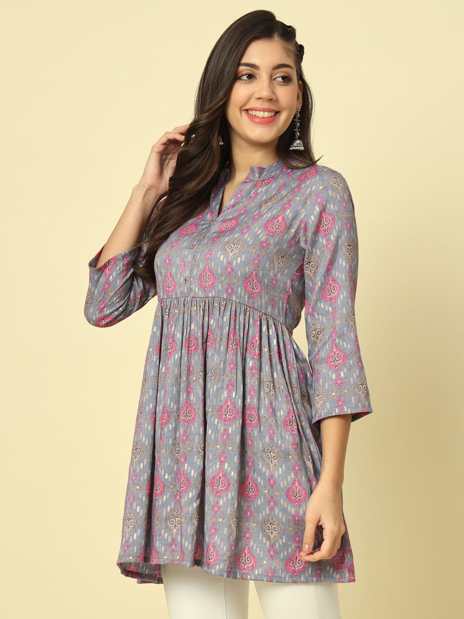 women grey and pink ethnic motif printed tunic