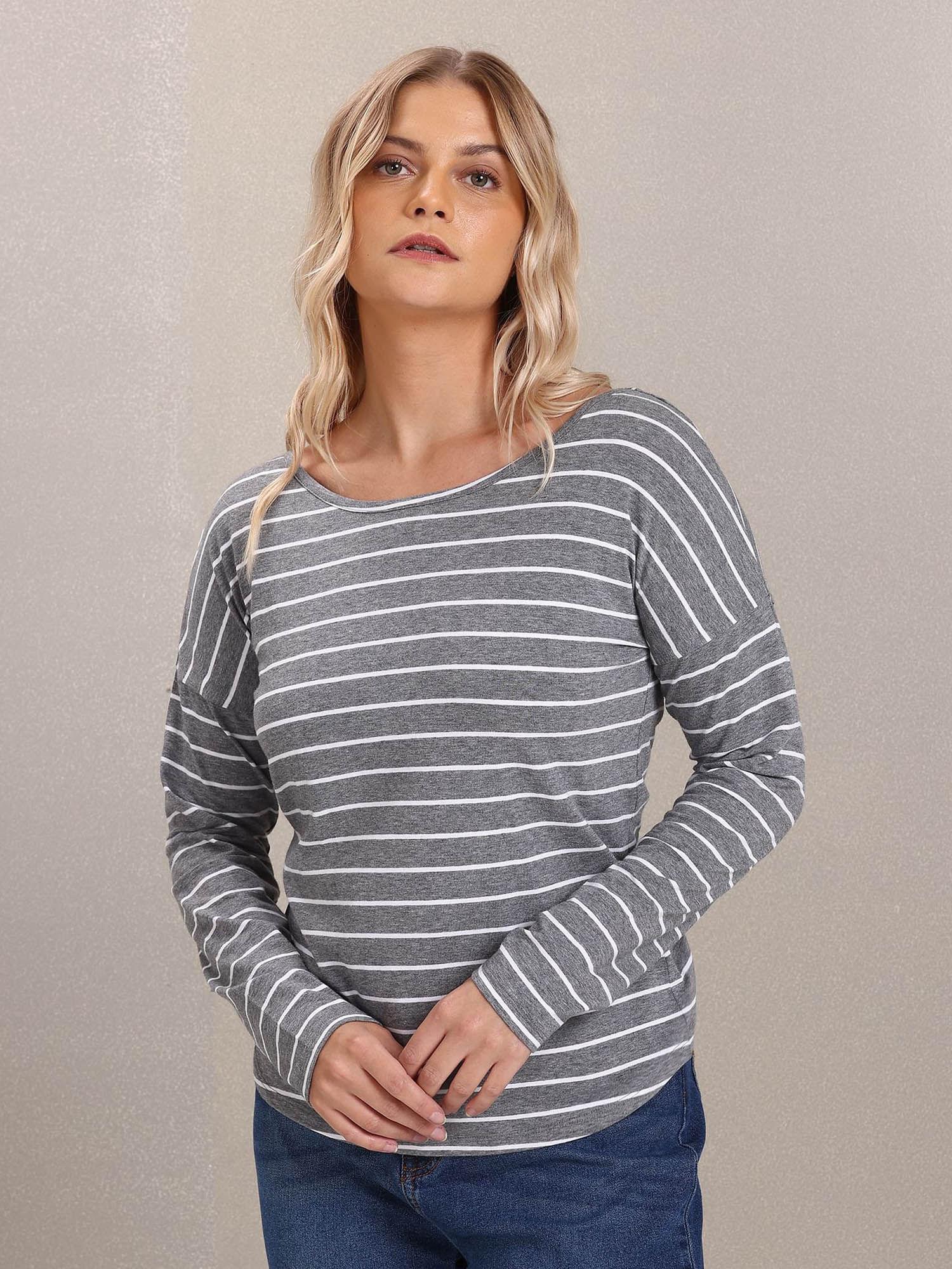 women grey bateau neck stylized back horizontal striped top