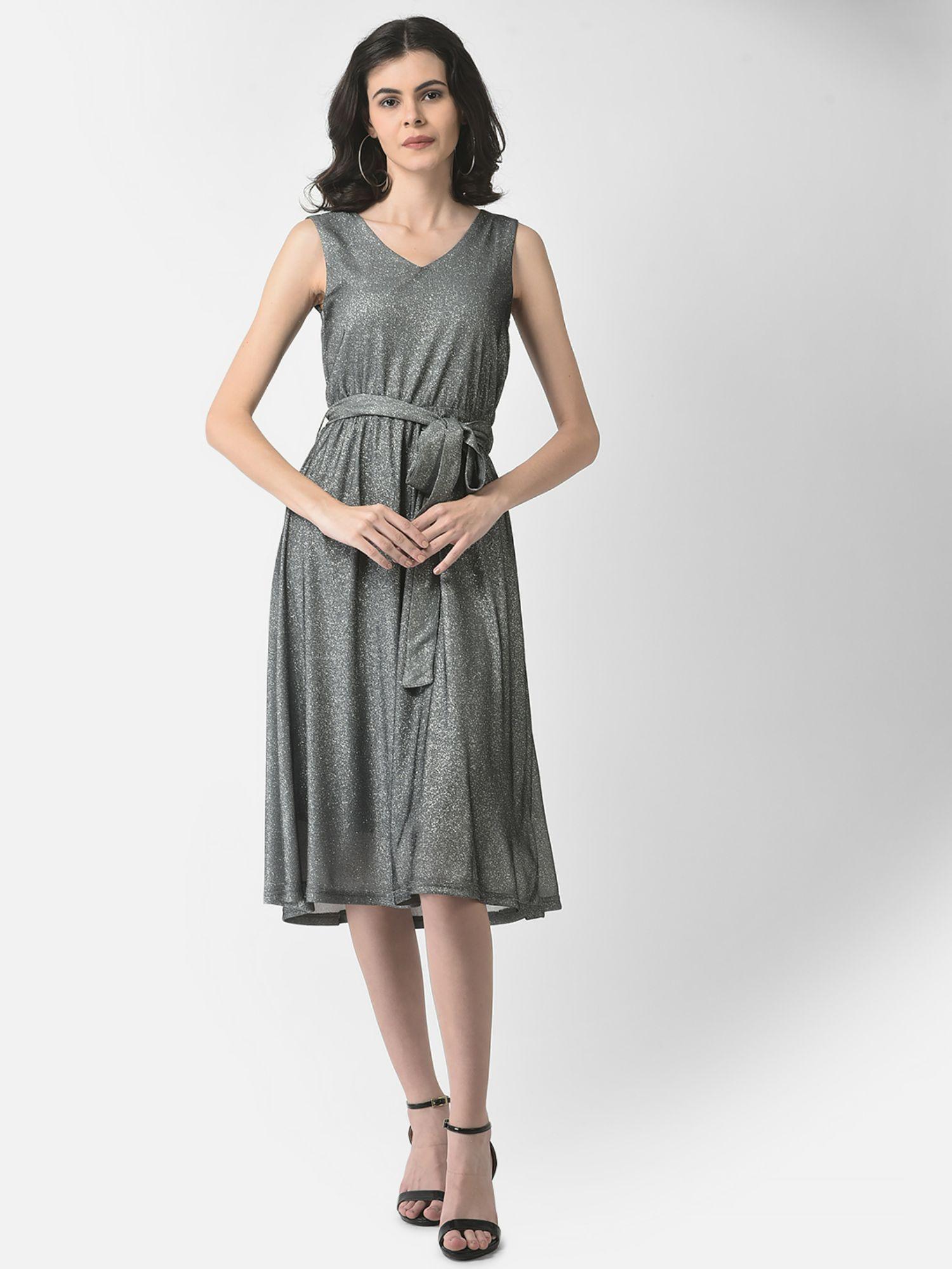 women grey belted shimmer dress