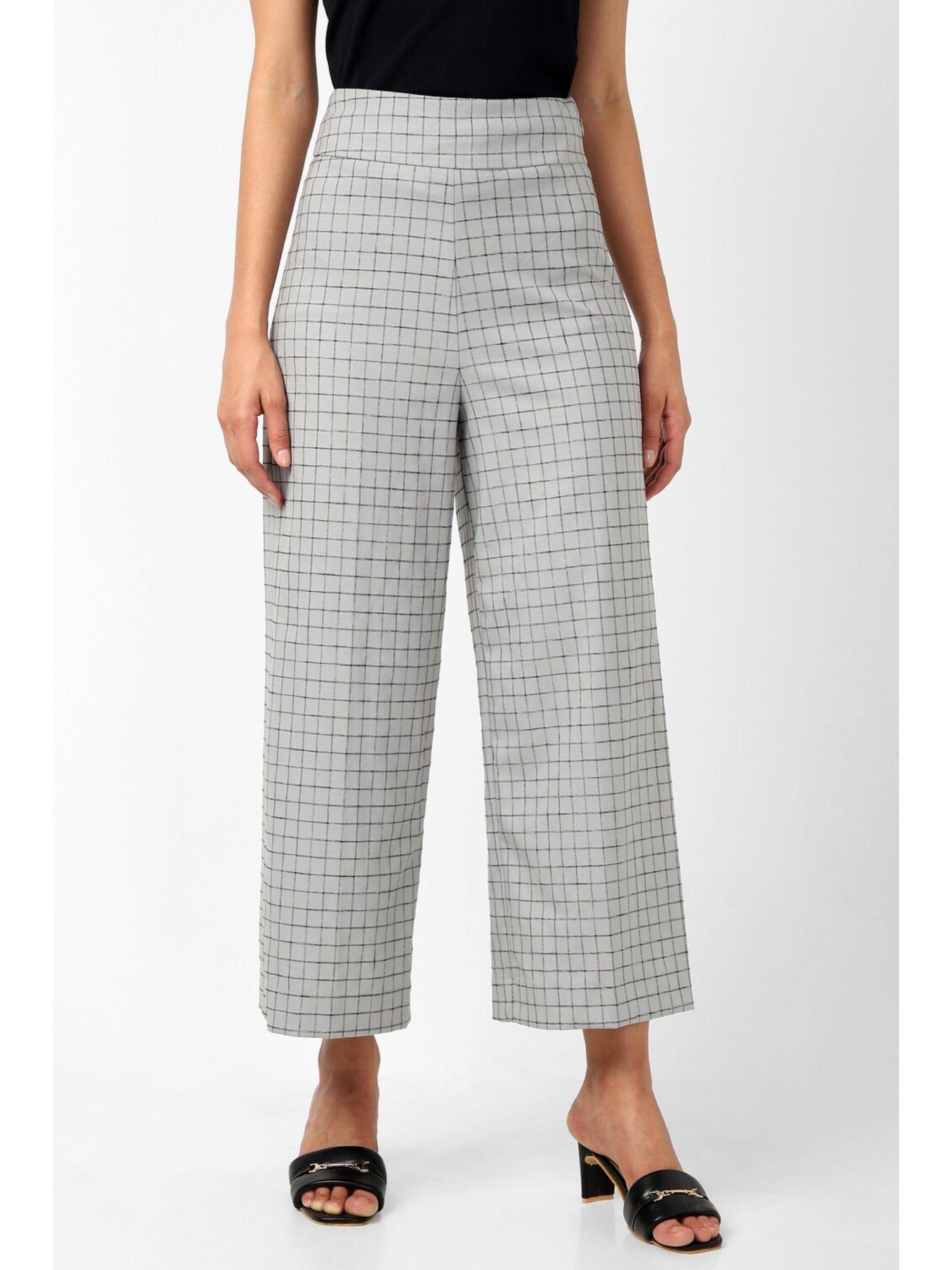 women grey check casual regular fit trousers