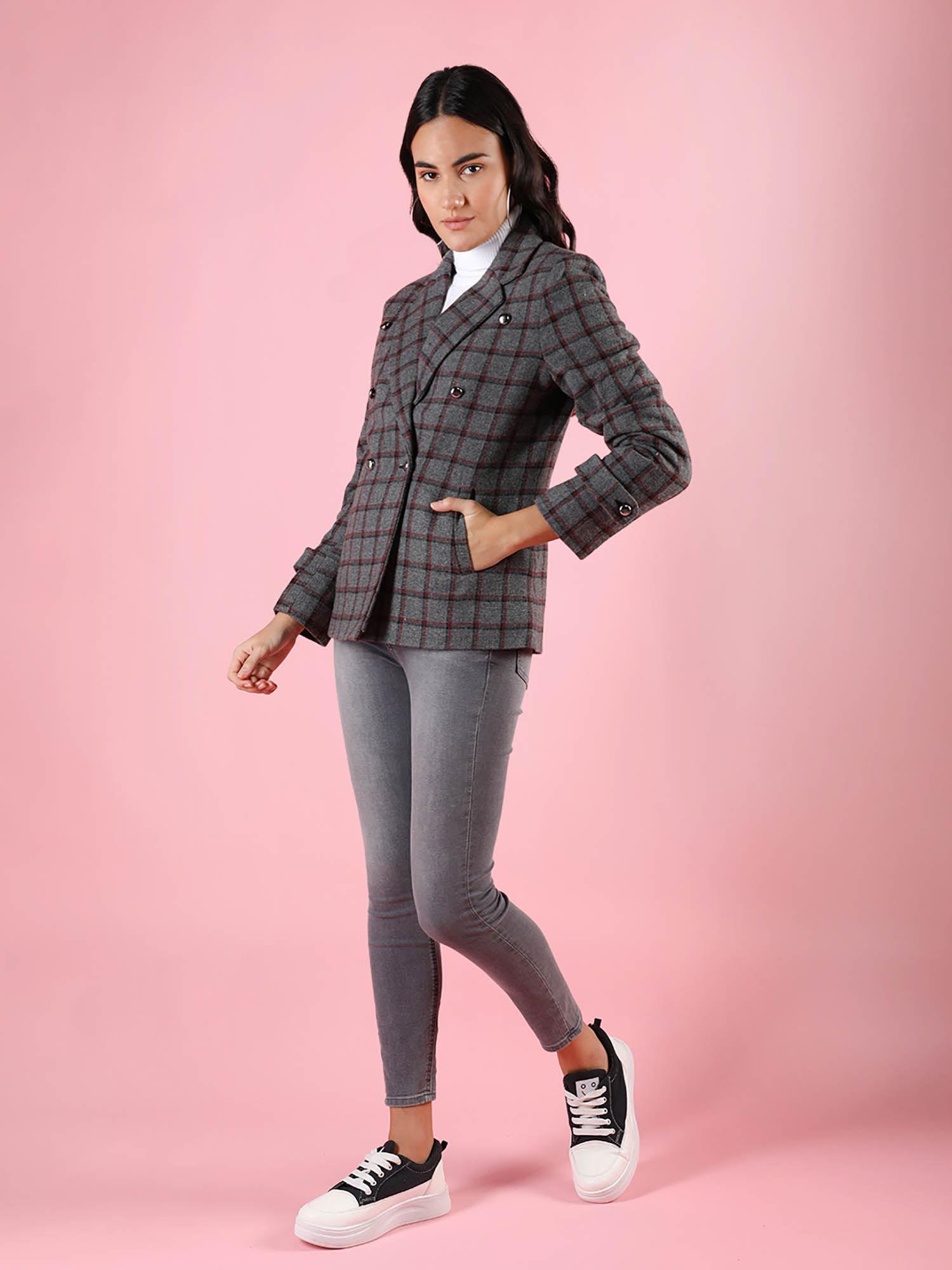 women grey checked coat