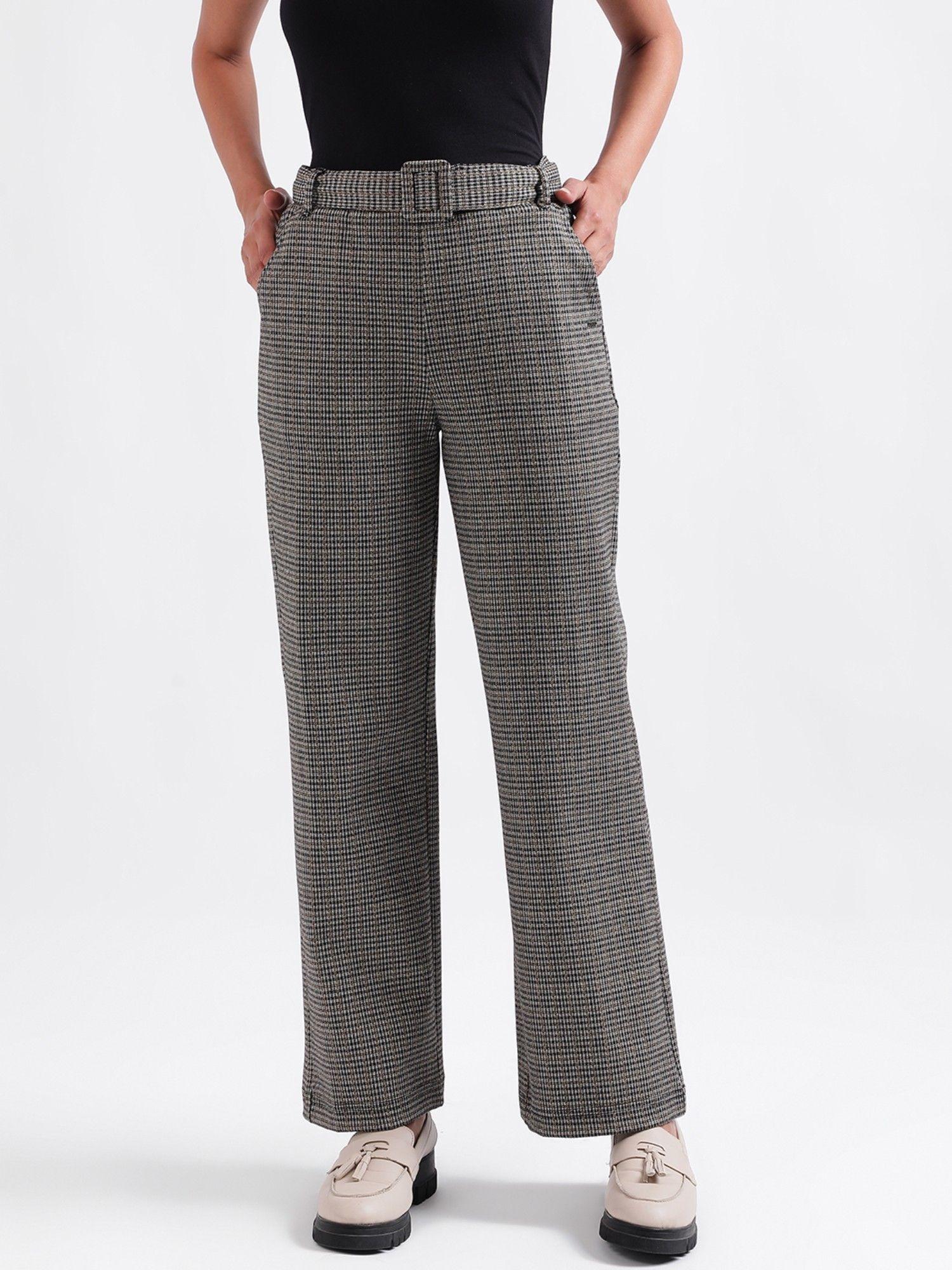 women grey checked fit and flare trousers (set of 2)