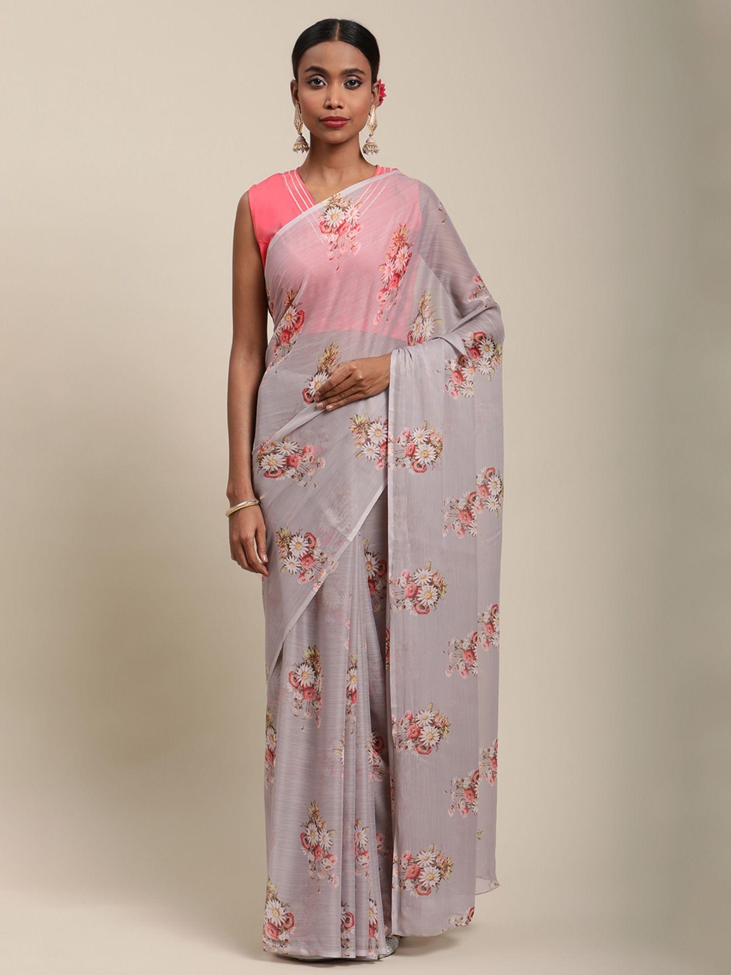 women grey chiffon floral digital print saree with unstitched blouse