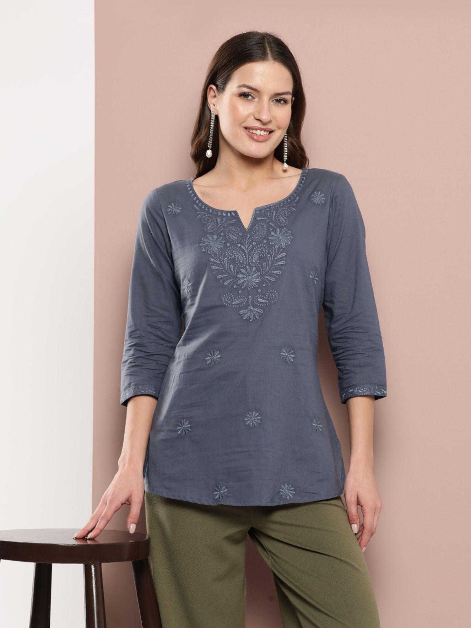 women grey chikankari regular top