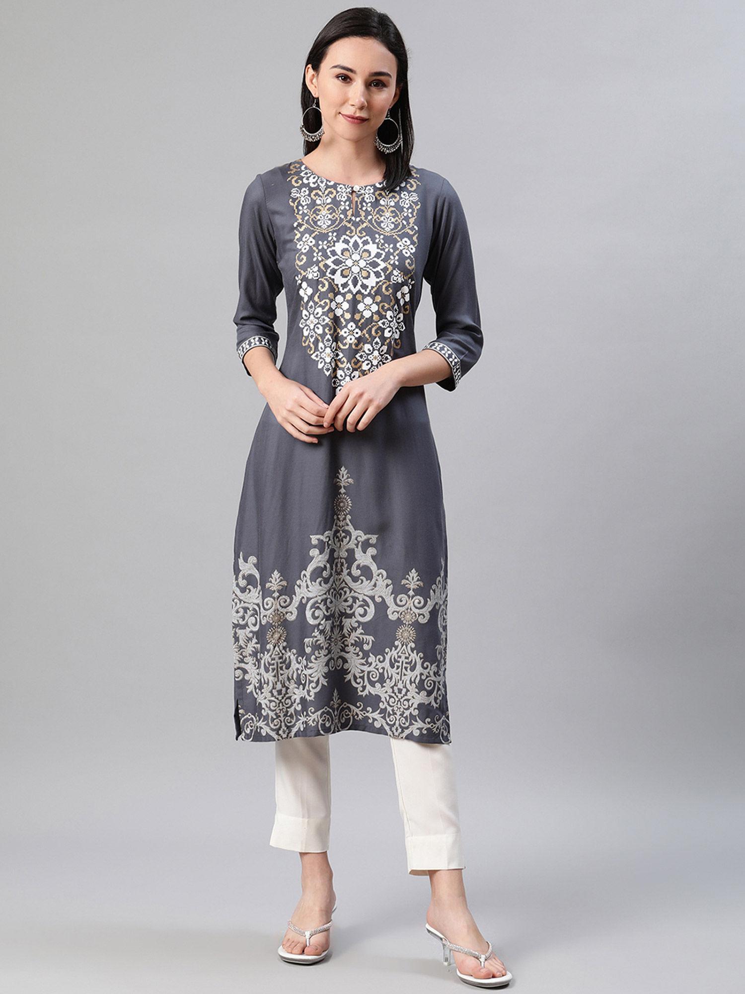 women grey colour foil print straight kurta