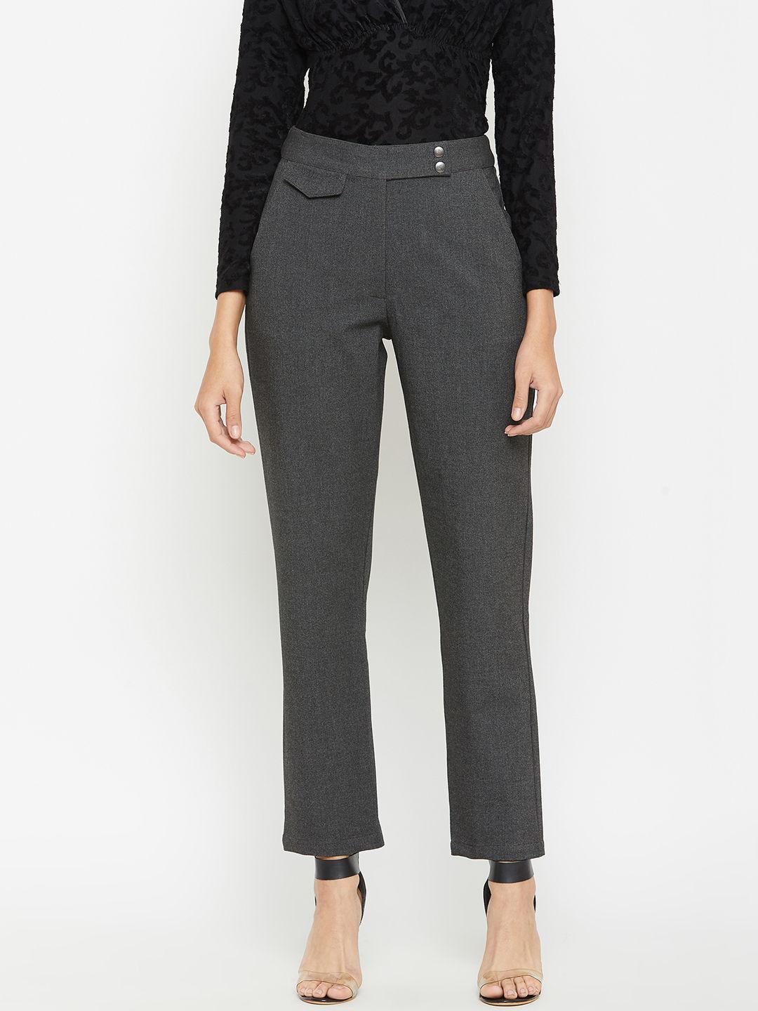 women grey colour solid formal trouser