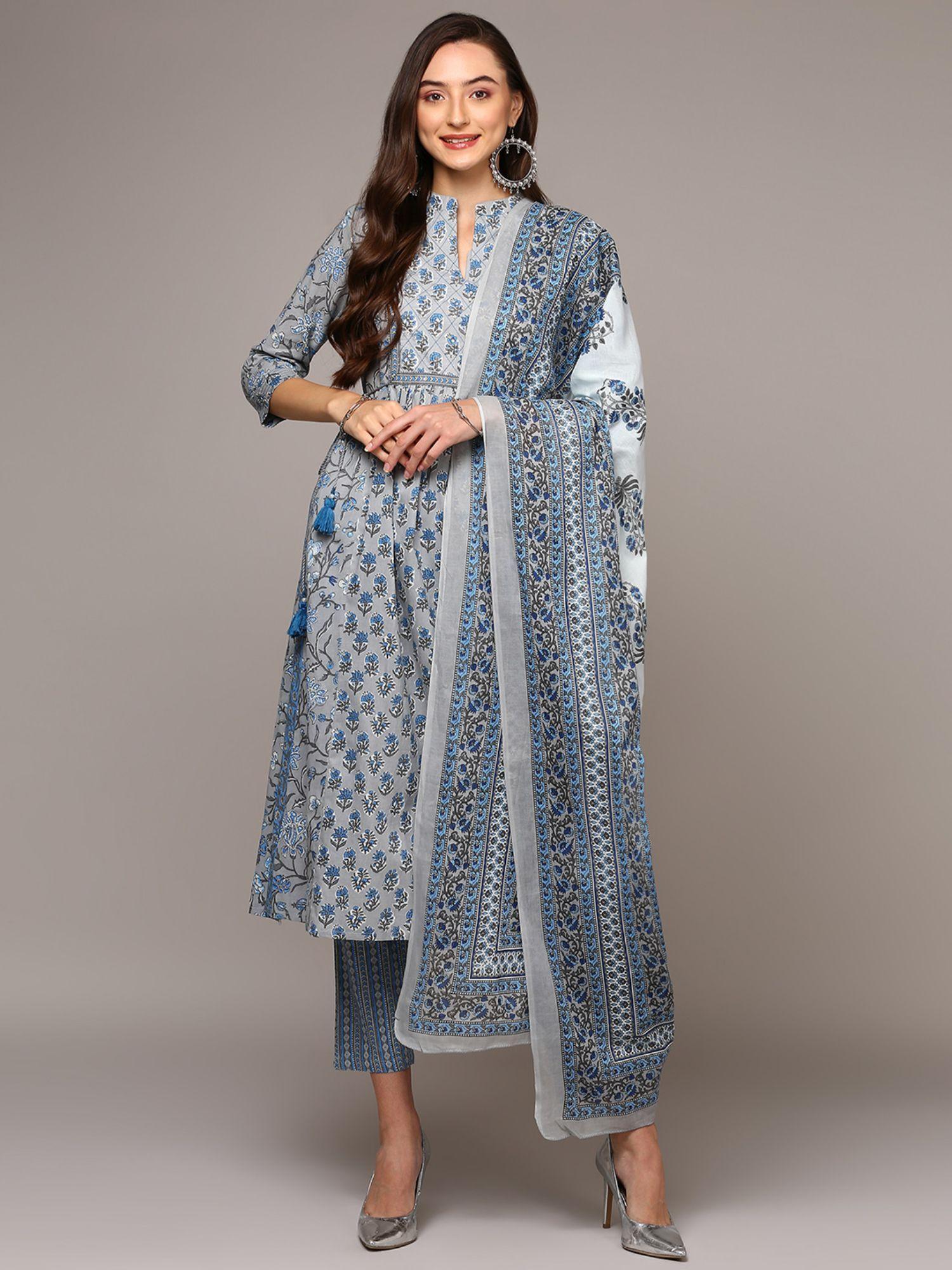 women grey cotton a-line kurta pant with dupatta (set of 3)